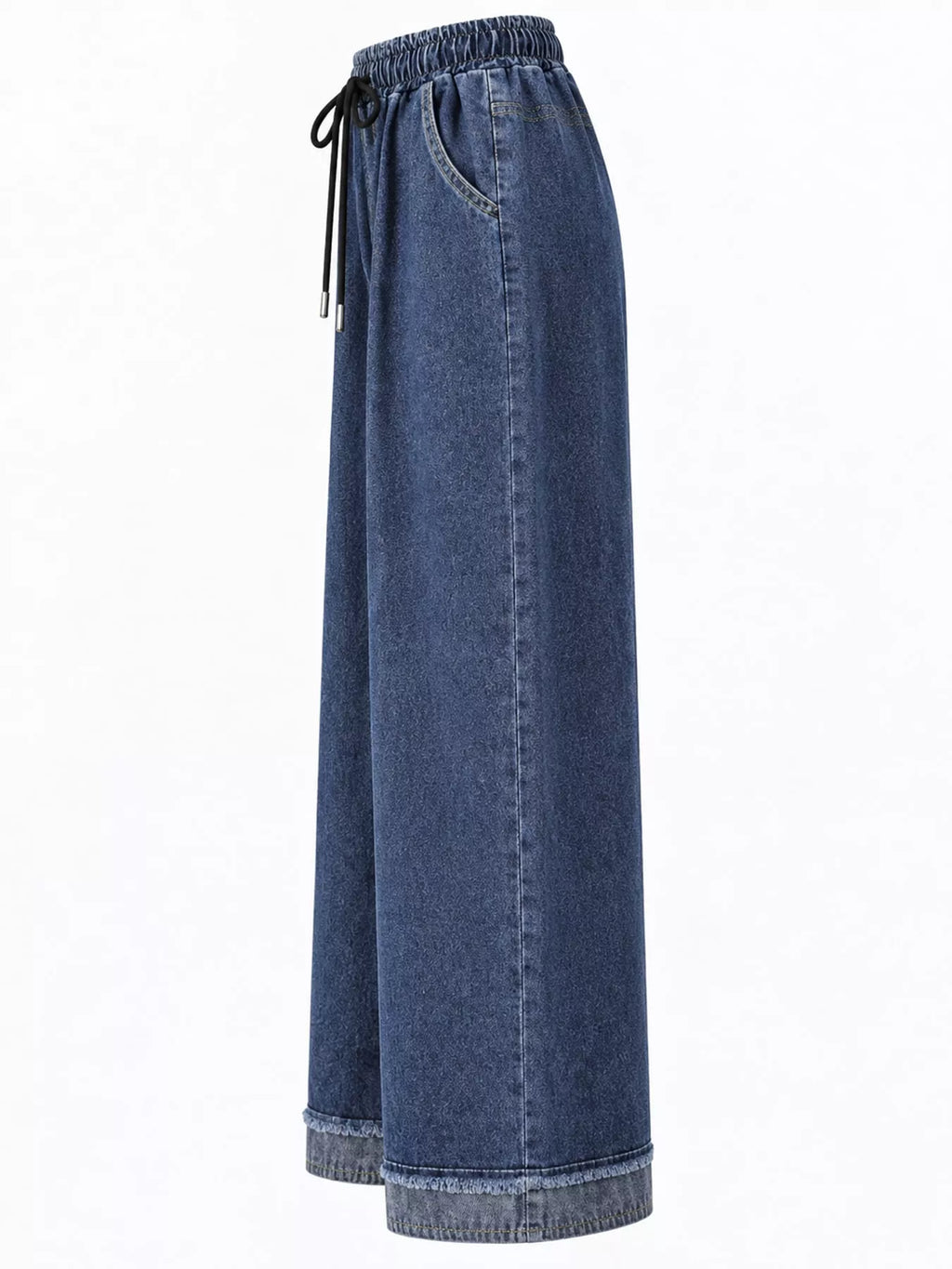 Full Size High-Waisted Elastic Drawstring Wide-Leg Jeans with Frayed Hem Plus Size