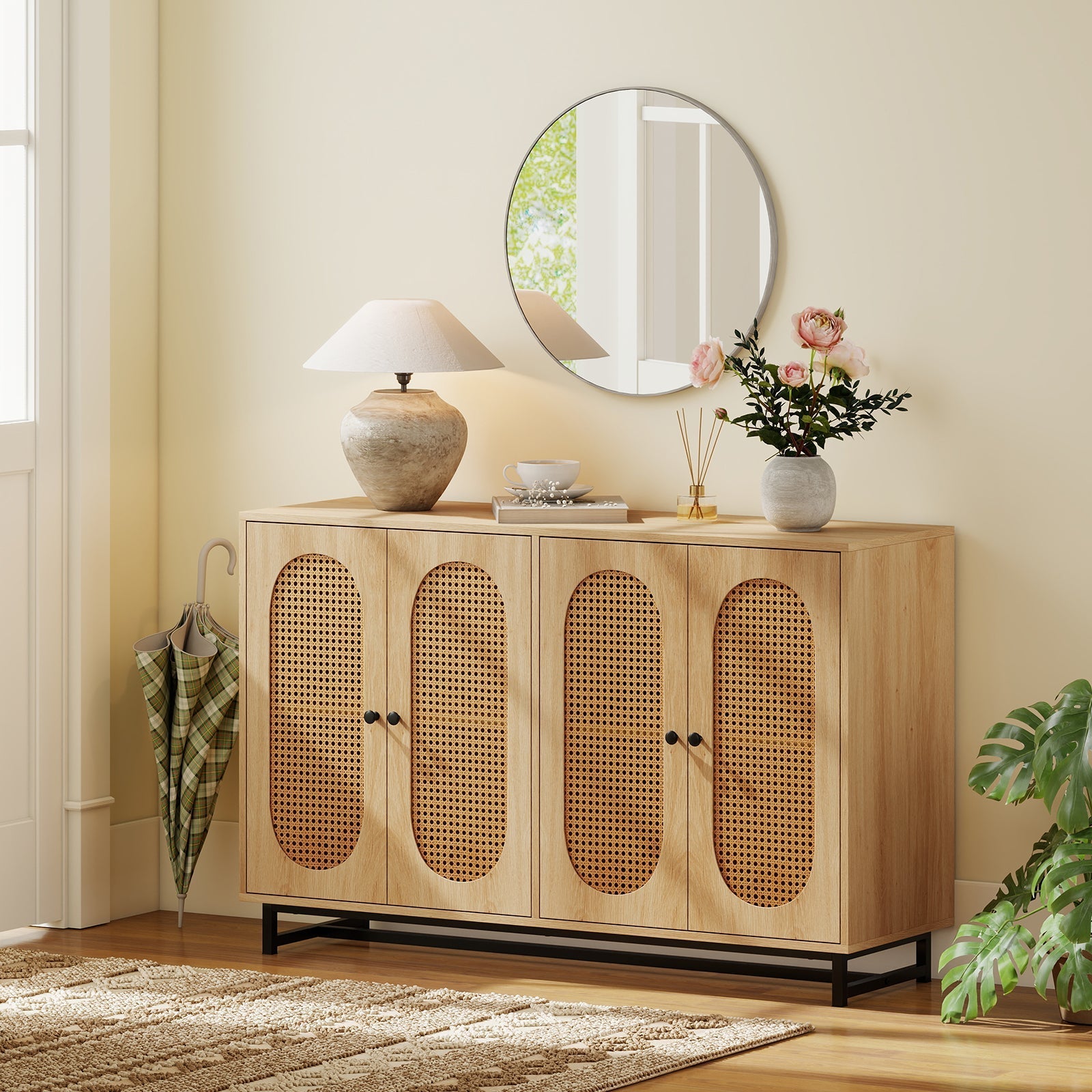 50 Inch Buffet Sideboard Cabinet with 4 Rattan Doors and Adjustable Shelves-Natural