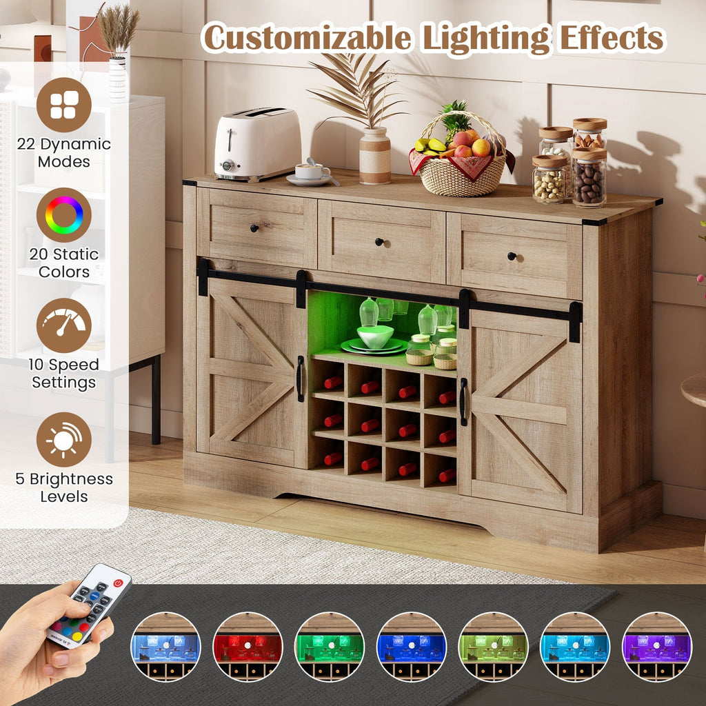 52 Inches Wine Bar Cabinet with LED Lights and Sliding Barn Doors