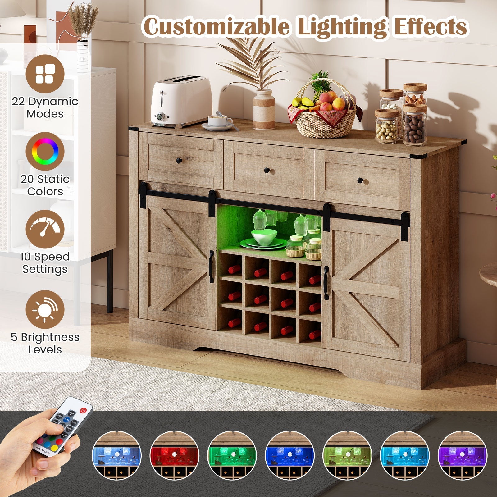 52 Inches Wine Bar Cabinet with LED Lights and Sliding Barn Doors