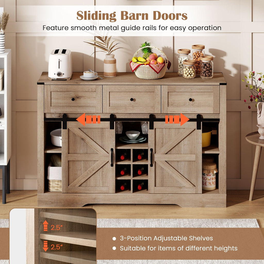 52 Inches Wine Bar Cabinet with LED Lights and Sliding Barn Doors