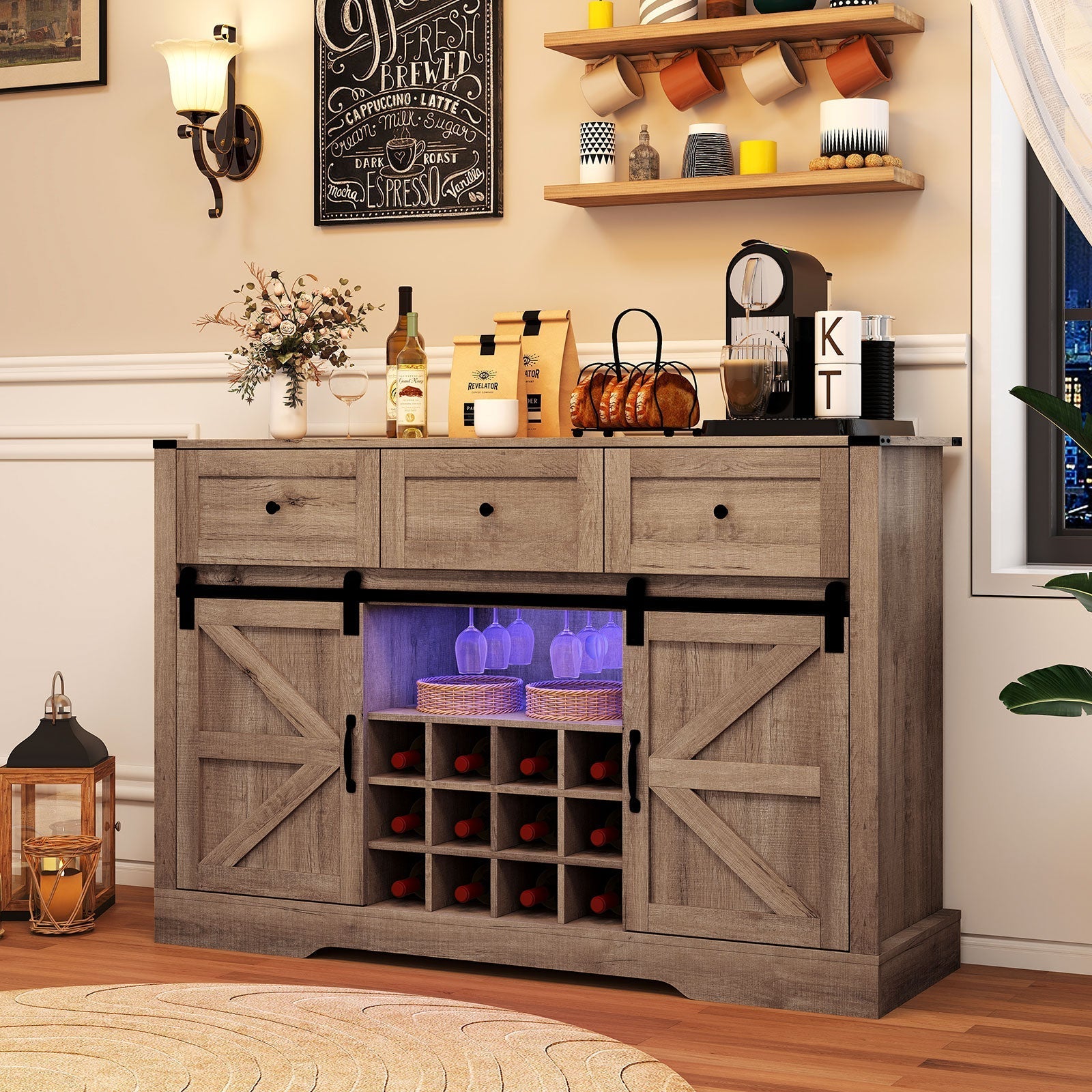 52 Inches Wine Bar Cabinet with LED Lights and Sliding Barn Doors