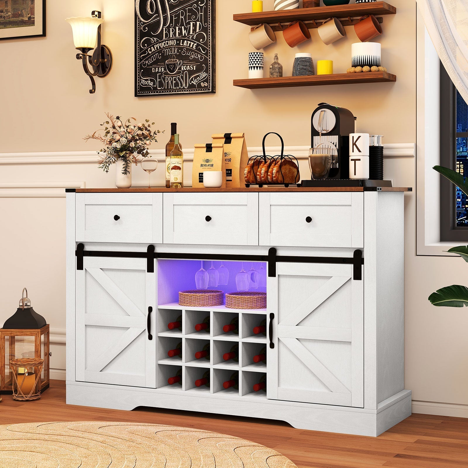 52 Inches Wine Bar Cabinet with LED Lights and Sliding Barn Doors