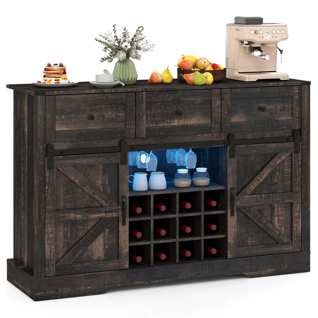 52 Inches Wine Bar Cabinet with LED Lights and Sliding Barn Doors