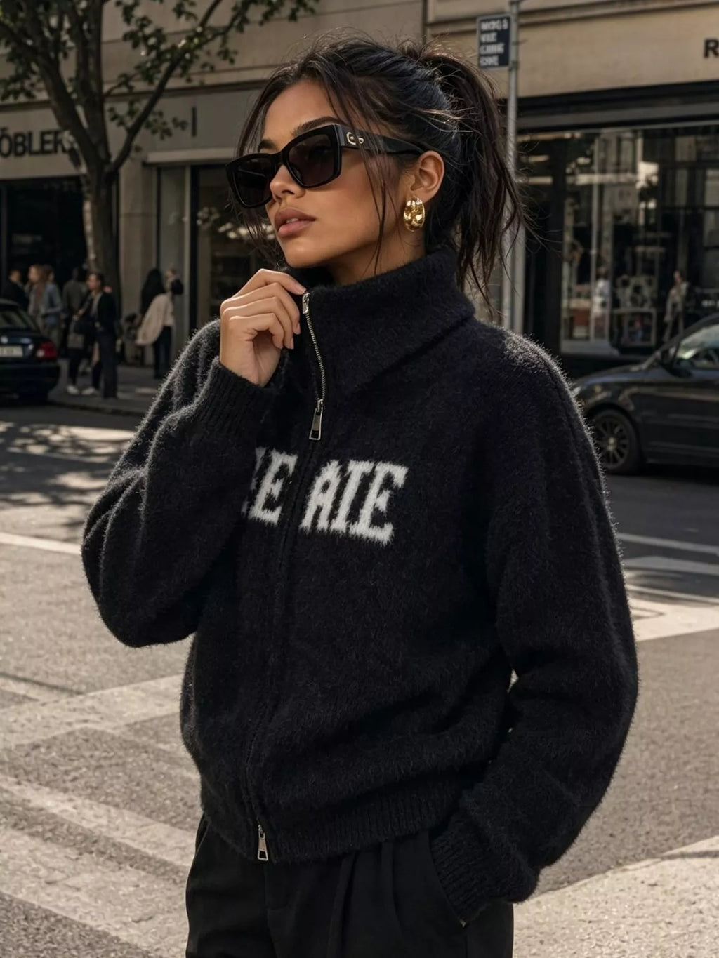 Fuzzy Letter Zip-Up Cardigan