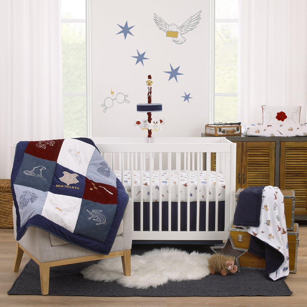 Warner Bros  Harry Potter Welcome Little Wizard Navy, Burgundy, Denim Blue and White, Appliqued 3 Piece Crib Bedding Set - Comforter, Fitted Crib Sheet, and Crib Skirt