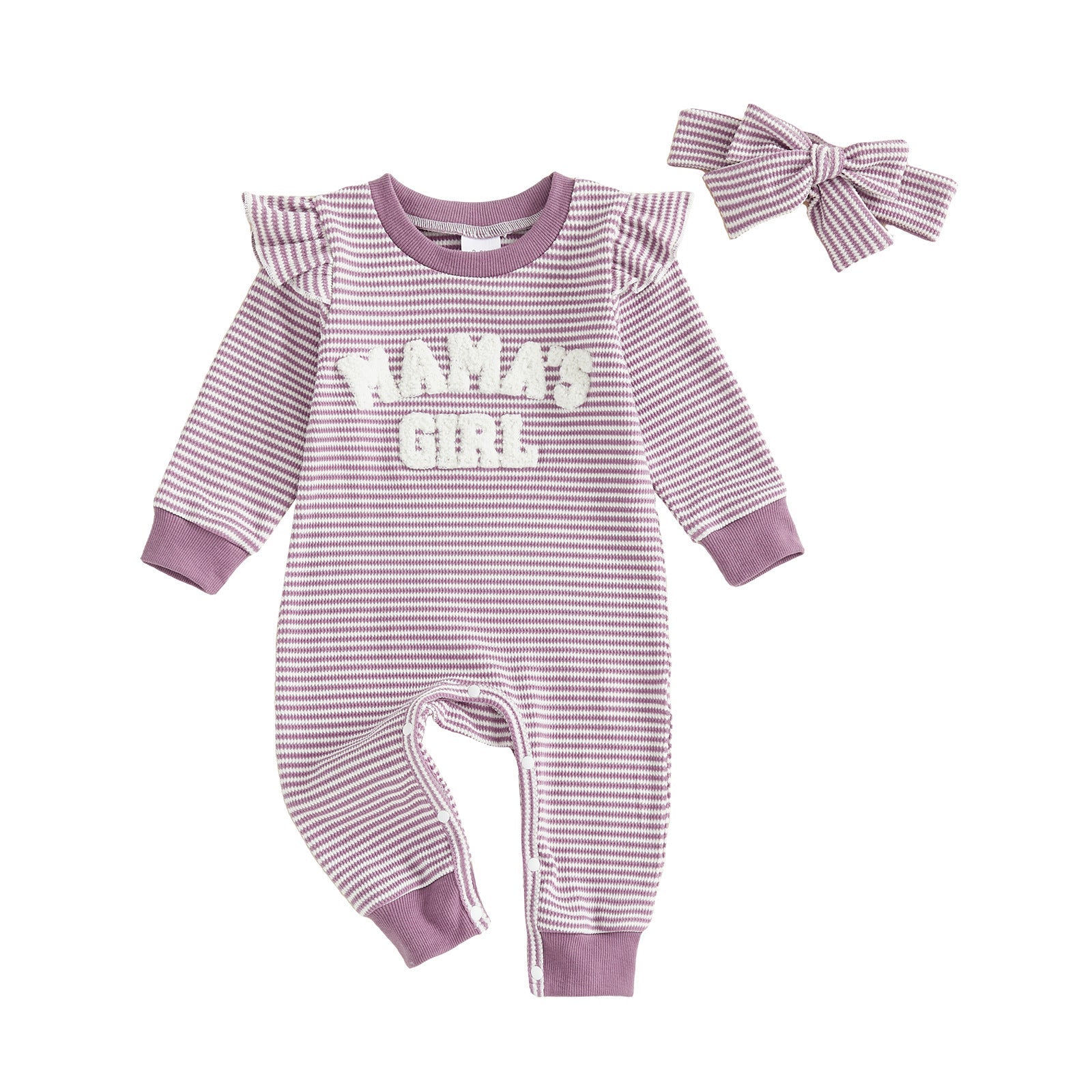 Striped Waffle-Weave Flutter-Sleeve Long-Sleeve Onesie