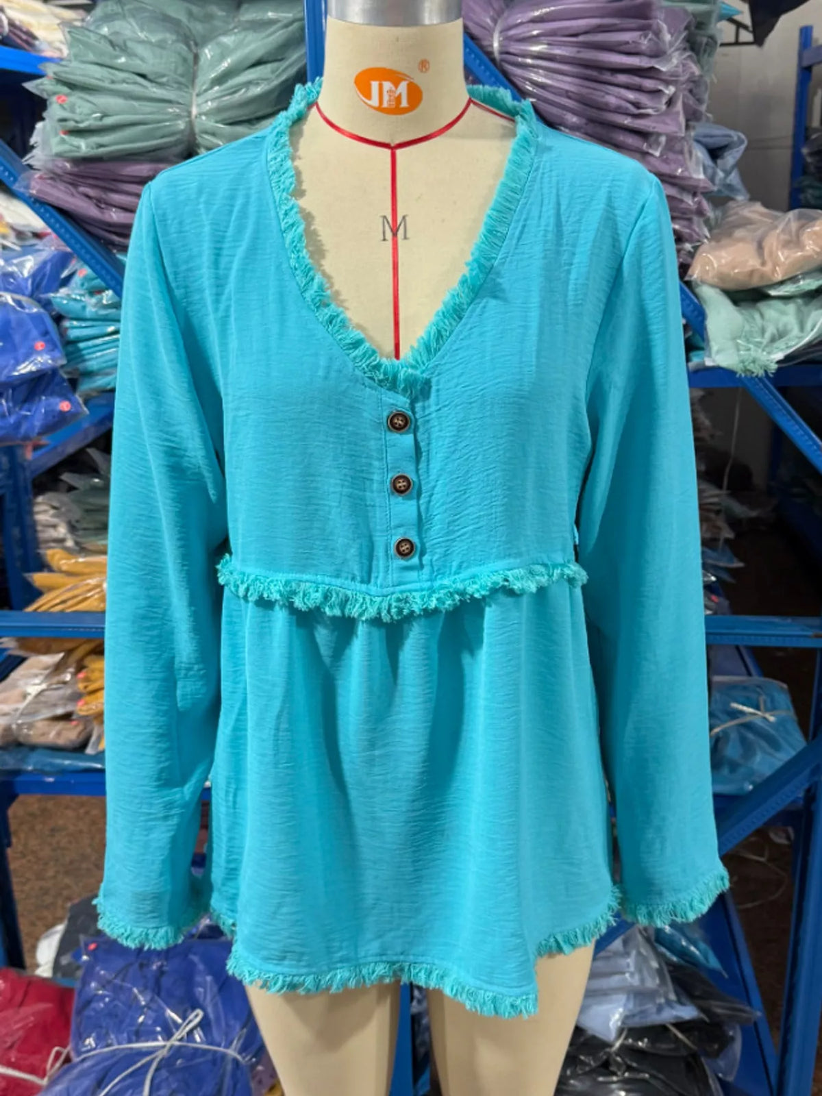 Full Size Fringed Trim V-Neck Long Sleeve Blouse Plus Size