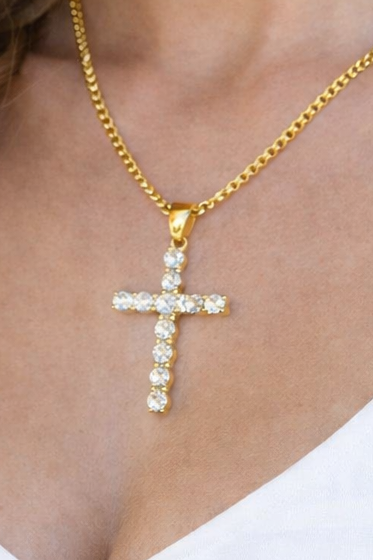 HE IS RISEN 18K CUBIC ZIRCONIA CROSS NECKLACE