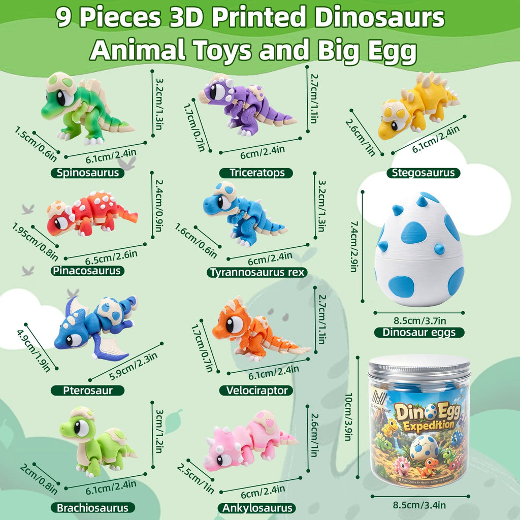 9PCS 3D Printed Dinosaur Figures  1 Dinosaur Egg Set