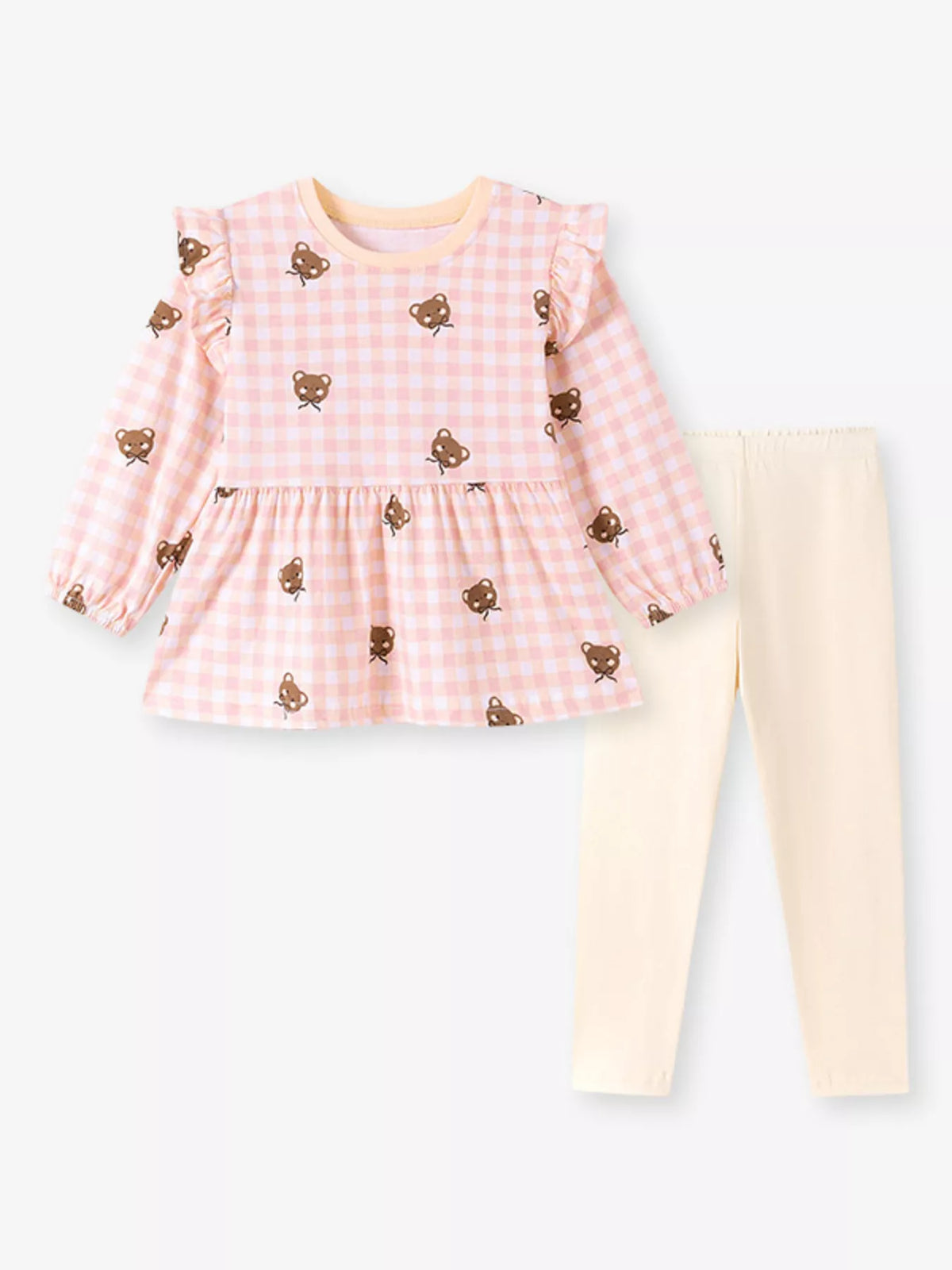 Children's Gingham Bear Print Peplum Top and Leggings Set