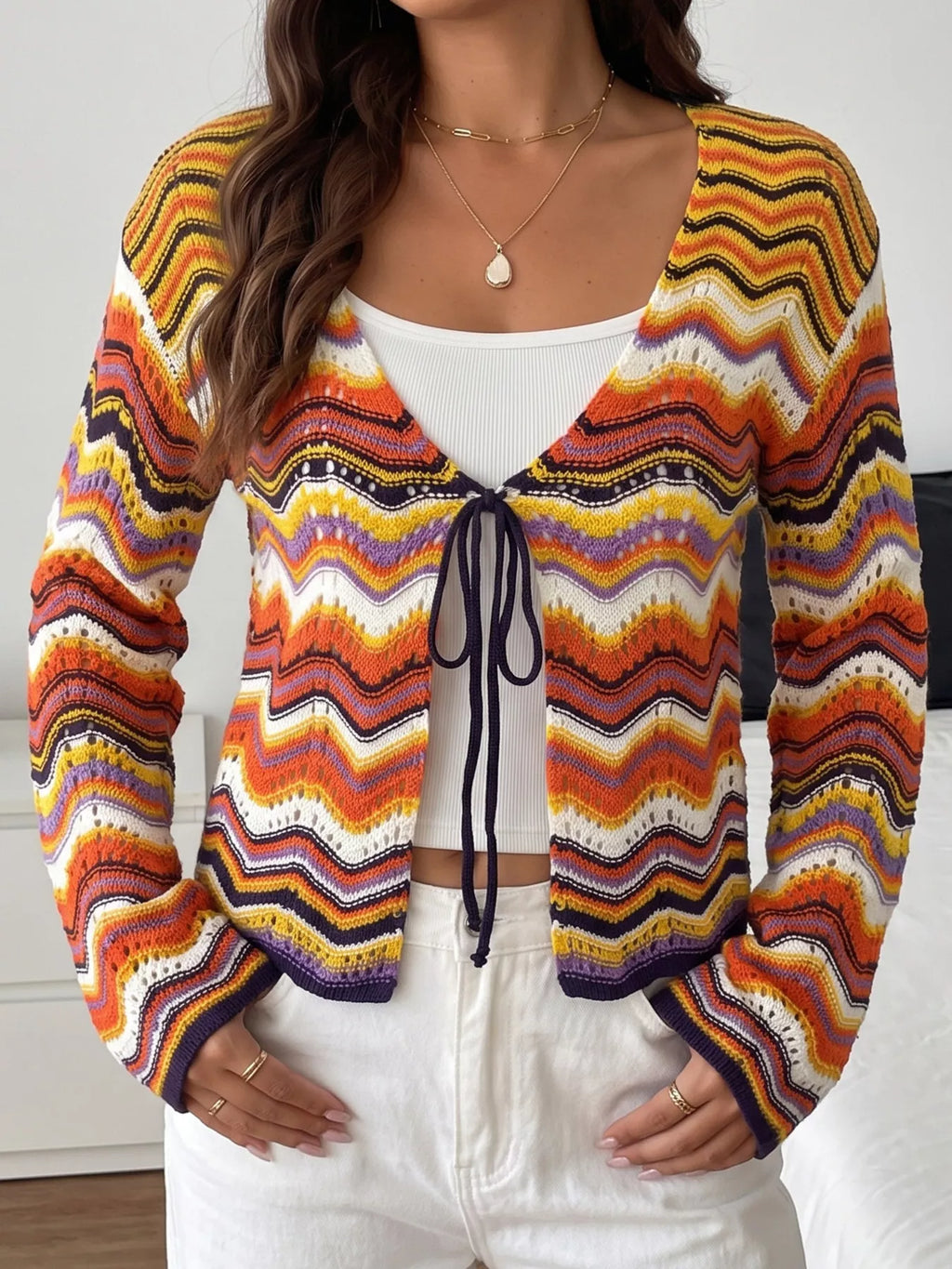 Vibrant Chevron Striped Tie-Front Knit Cardigan