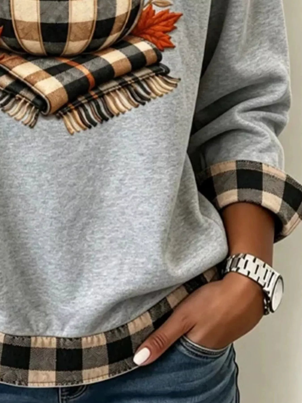 Full Size Pumpkin Plaid Patchwork Long Sleeve Sweatshirt Plus Size