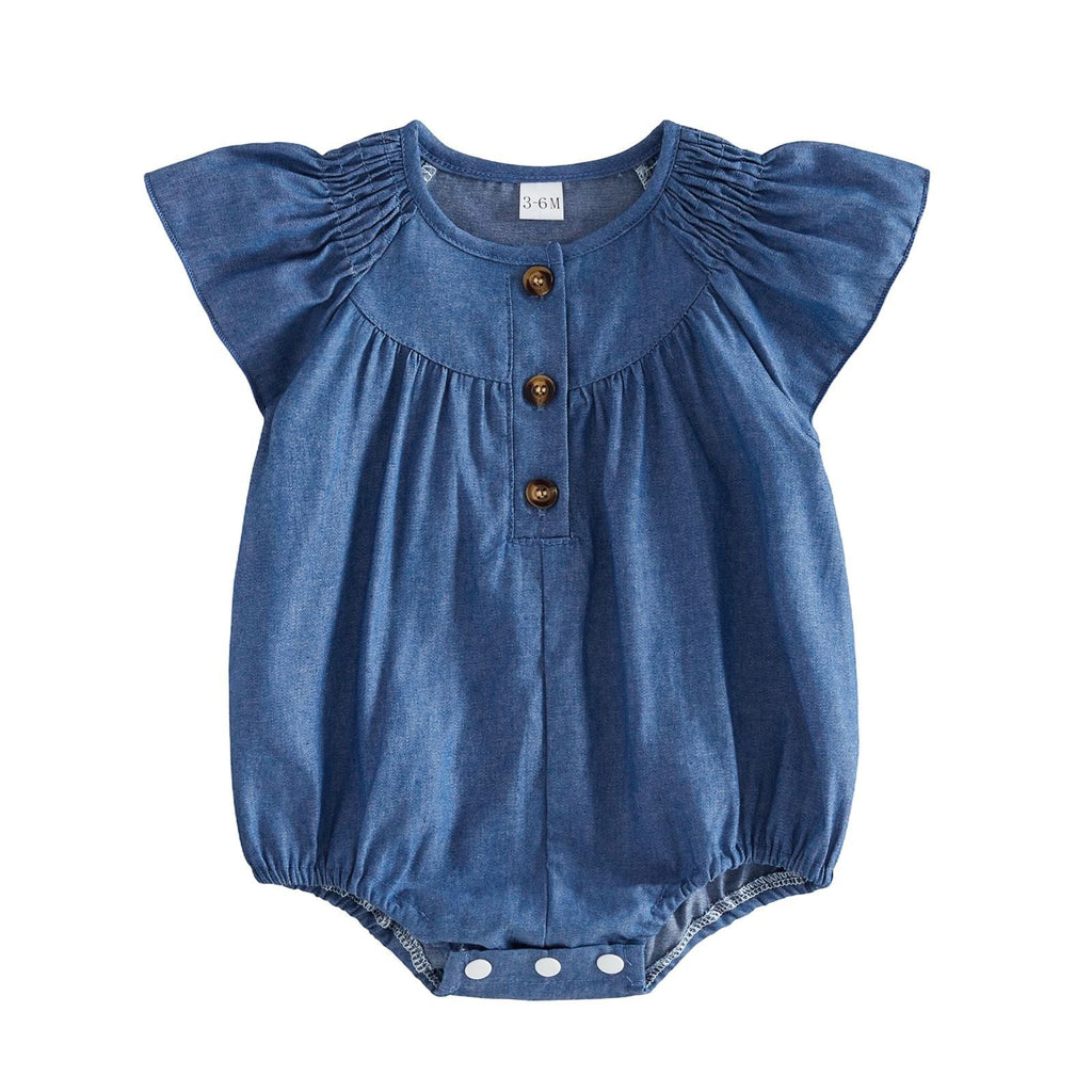 Girls Denim Ruffled Short-sleeve Romper