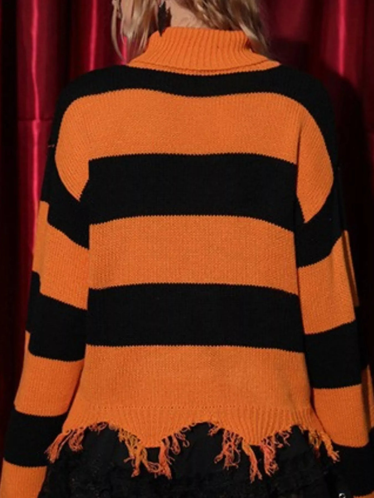 Halloween Bat Graphic Striped Turtleneck Raw Hem Sweater