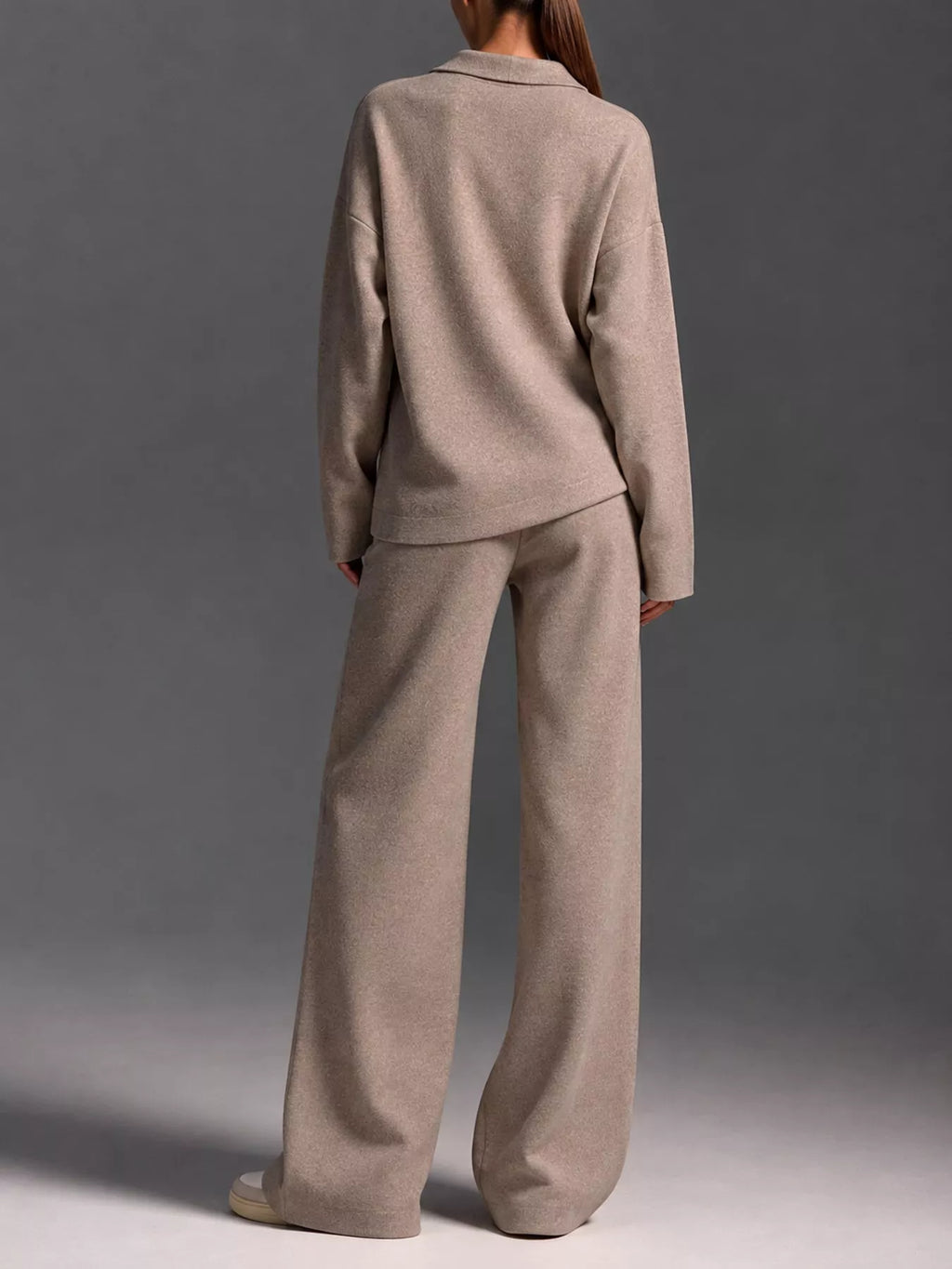 Polo Collar Top and Wide-Leg Pants Set