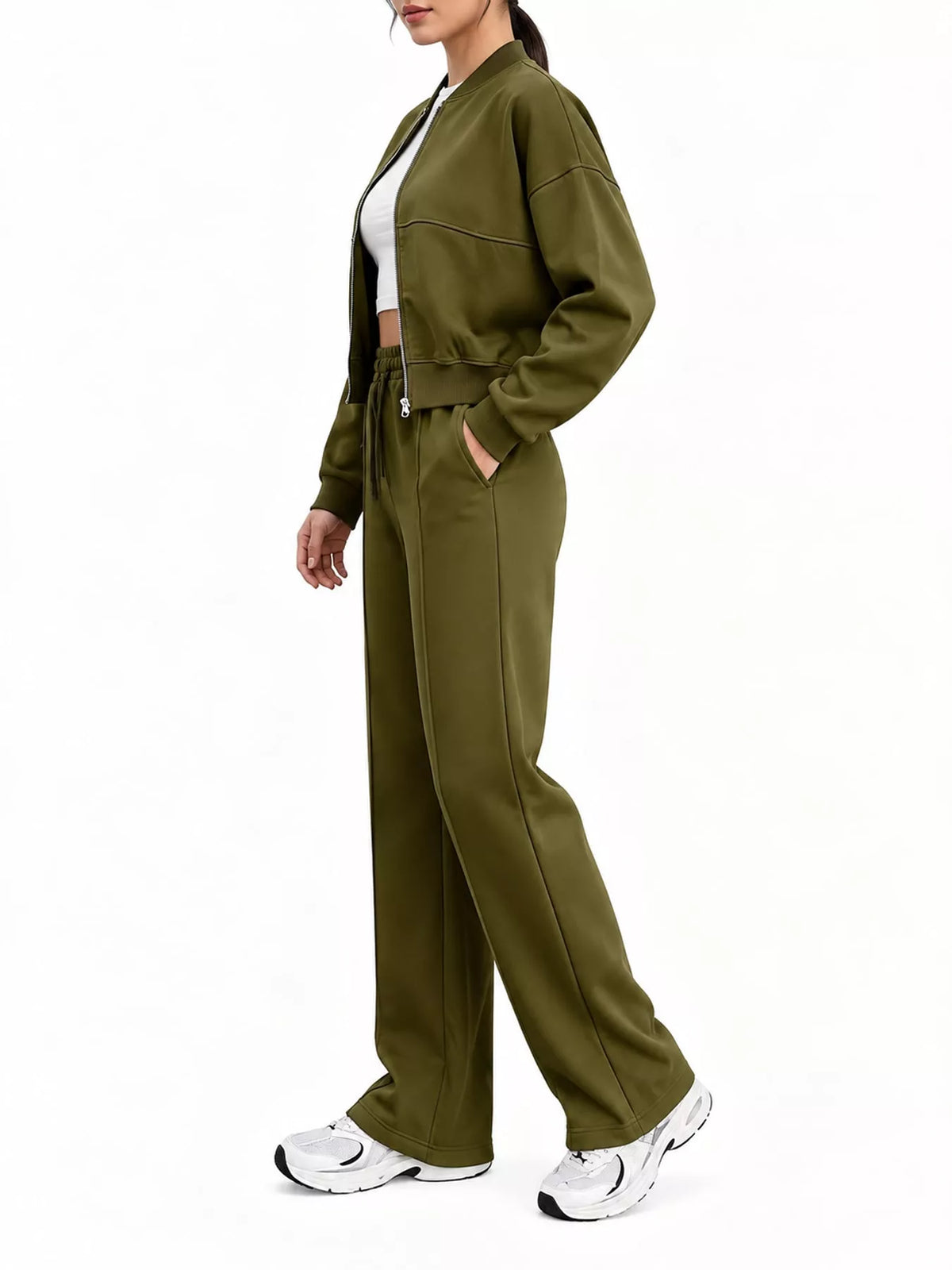 Casual Zip-Up Jacket and Wide-Leg Sweatpants Set