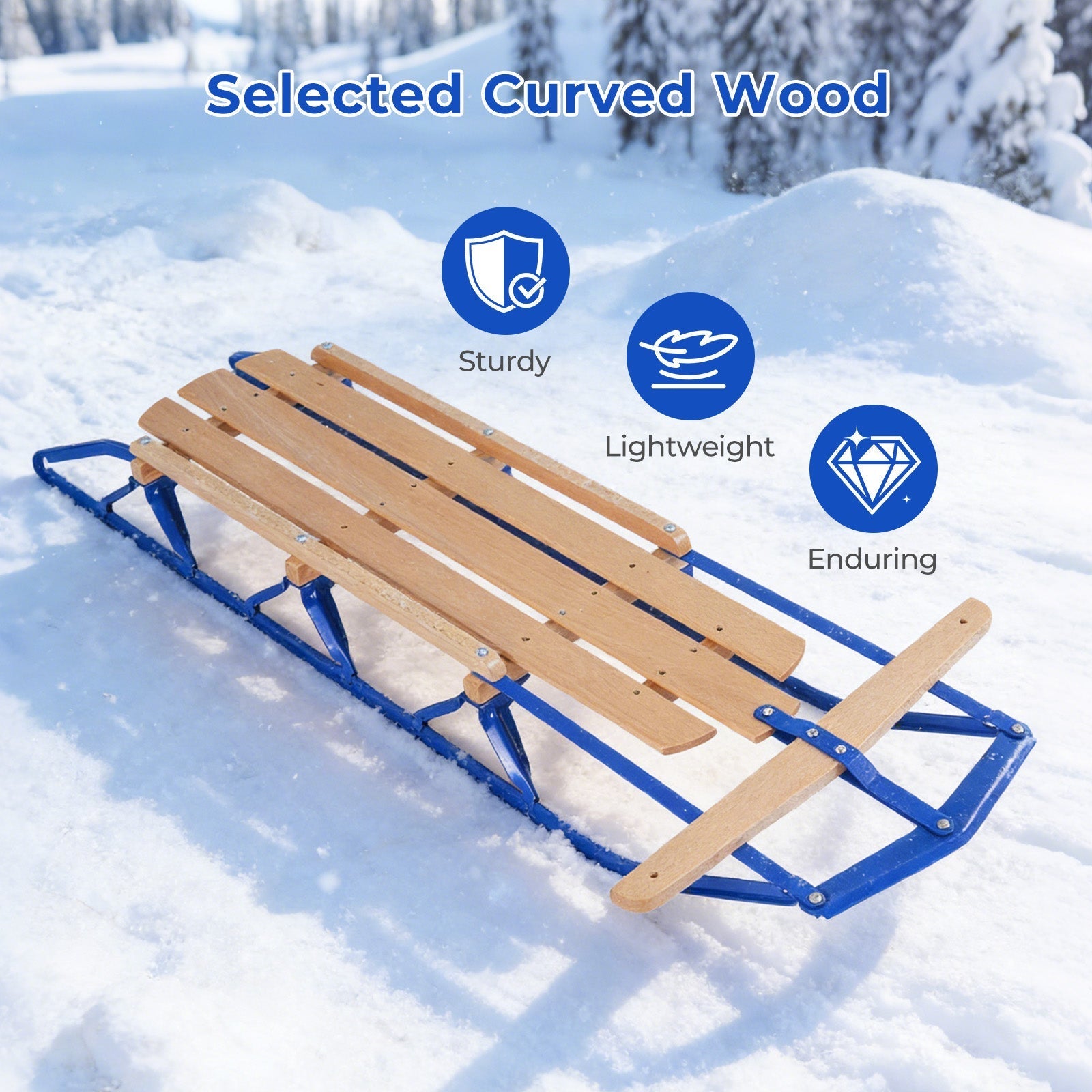 54 Inch Wood Snow Sled with Metal Runners and Steering Bar
