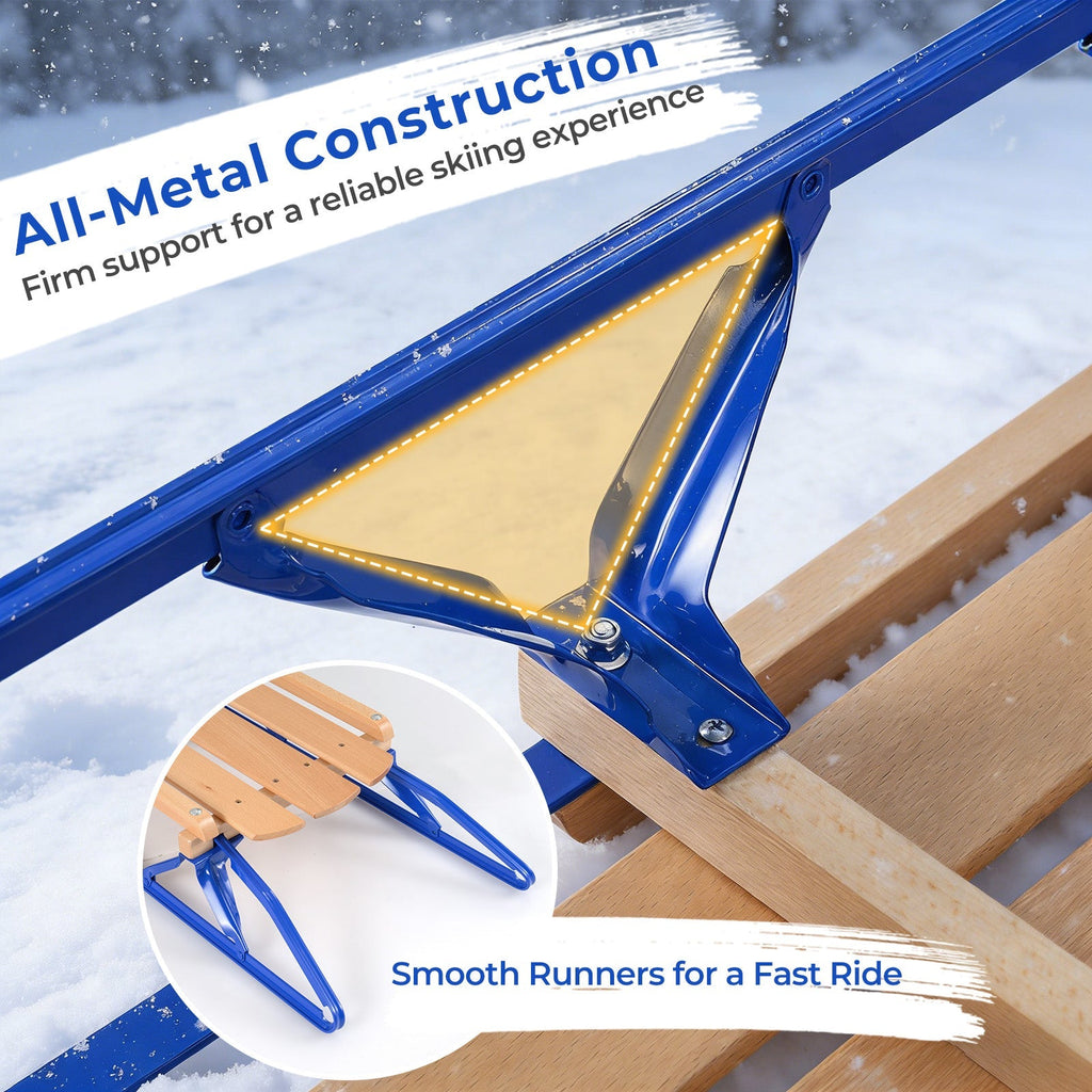 54 Inch Wood Snow Sled with Metal Runners and Steering Bar
