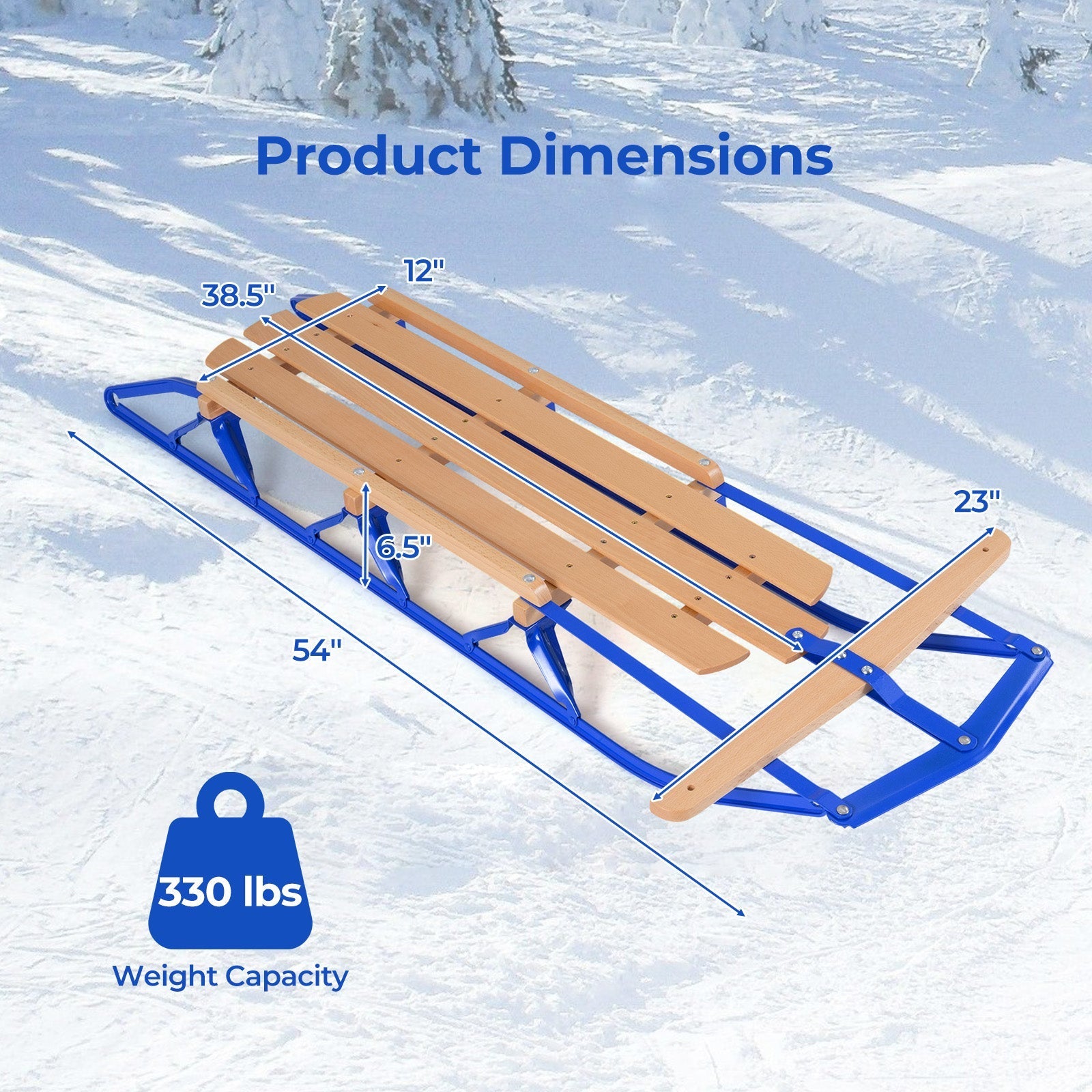 54 Inch Wood Snow Sled with Metal Runners and Steering Bar