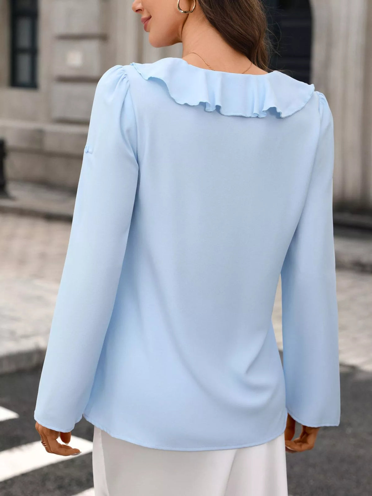 Ruffled V-Neck Roll-Up Sleeves Blouse