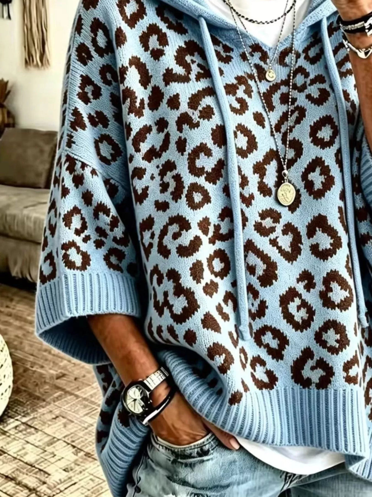 Leopard Print Hooded Knit Sweater