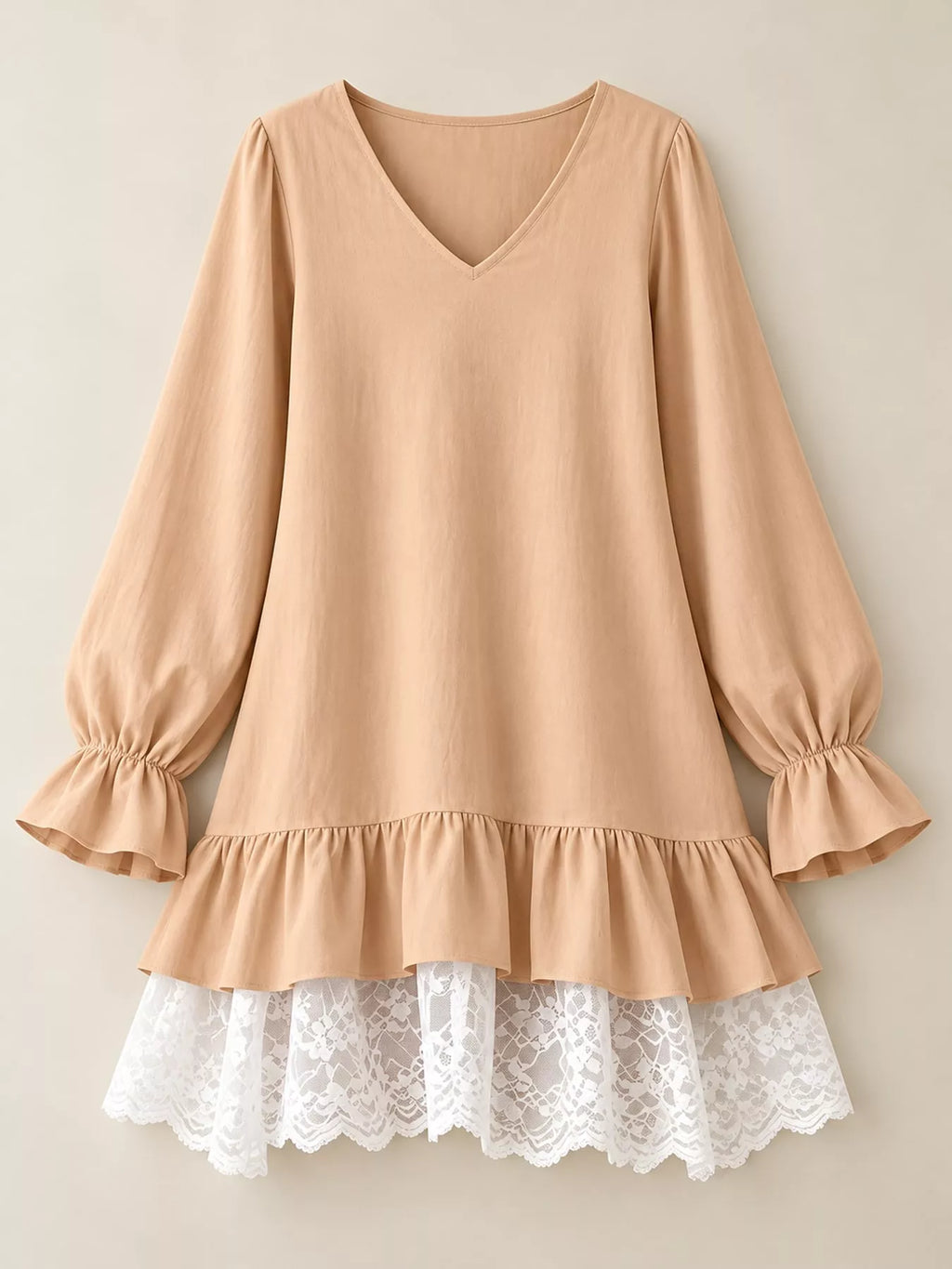 Lace Hem V-Neck Flounce Sleeve Dress
