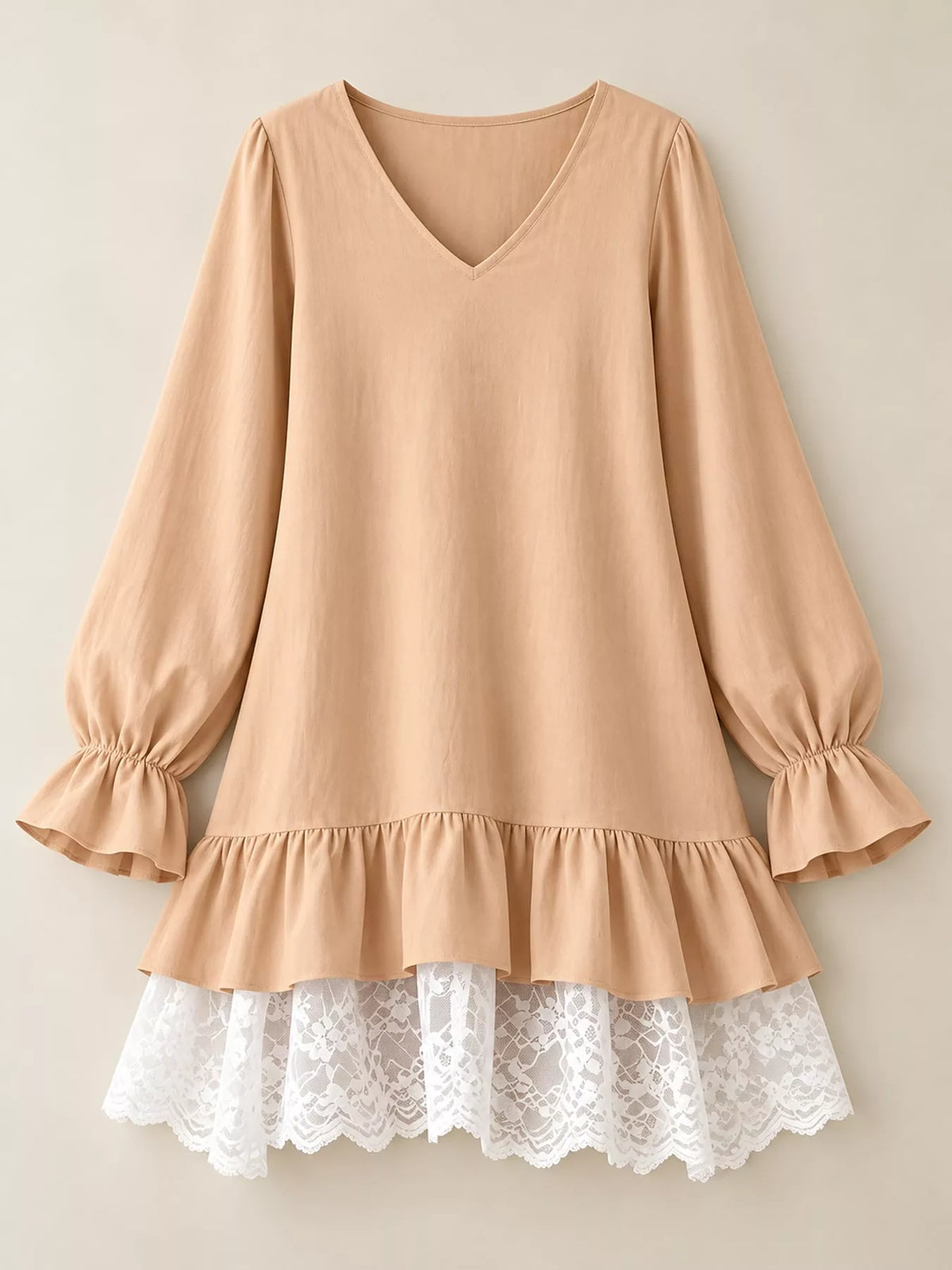Lace Hem V-Neck Flounce Sleeve Dress
