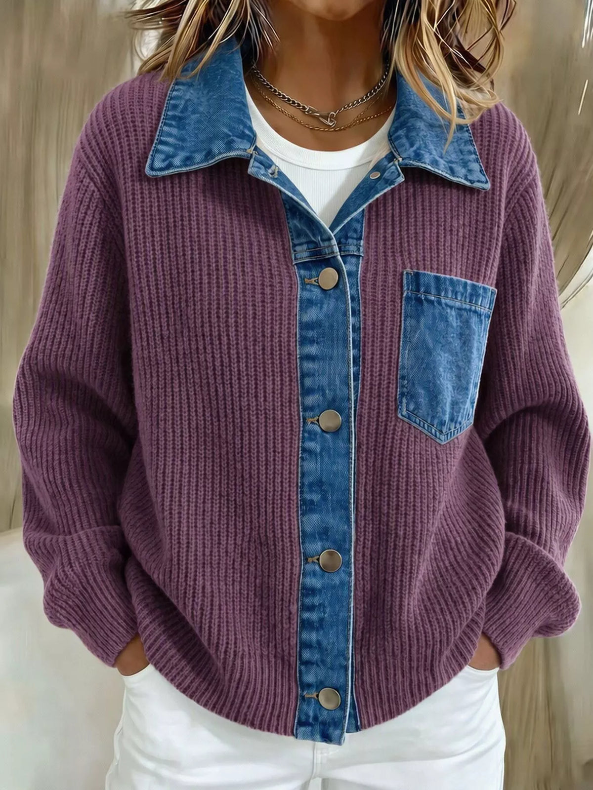 Denim Trim Button Up Cardigan