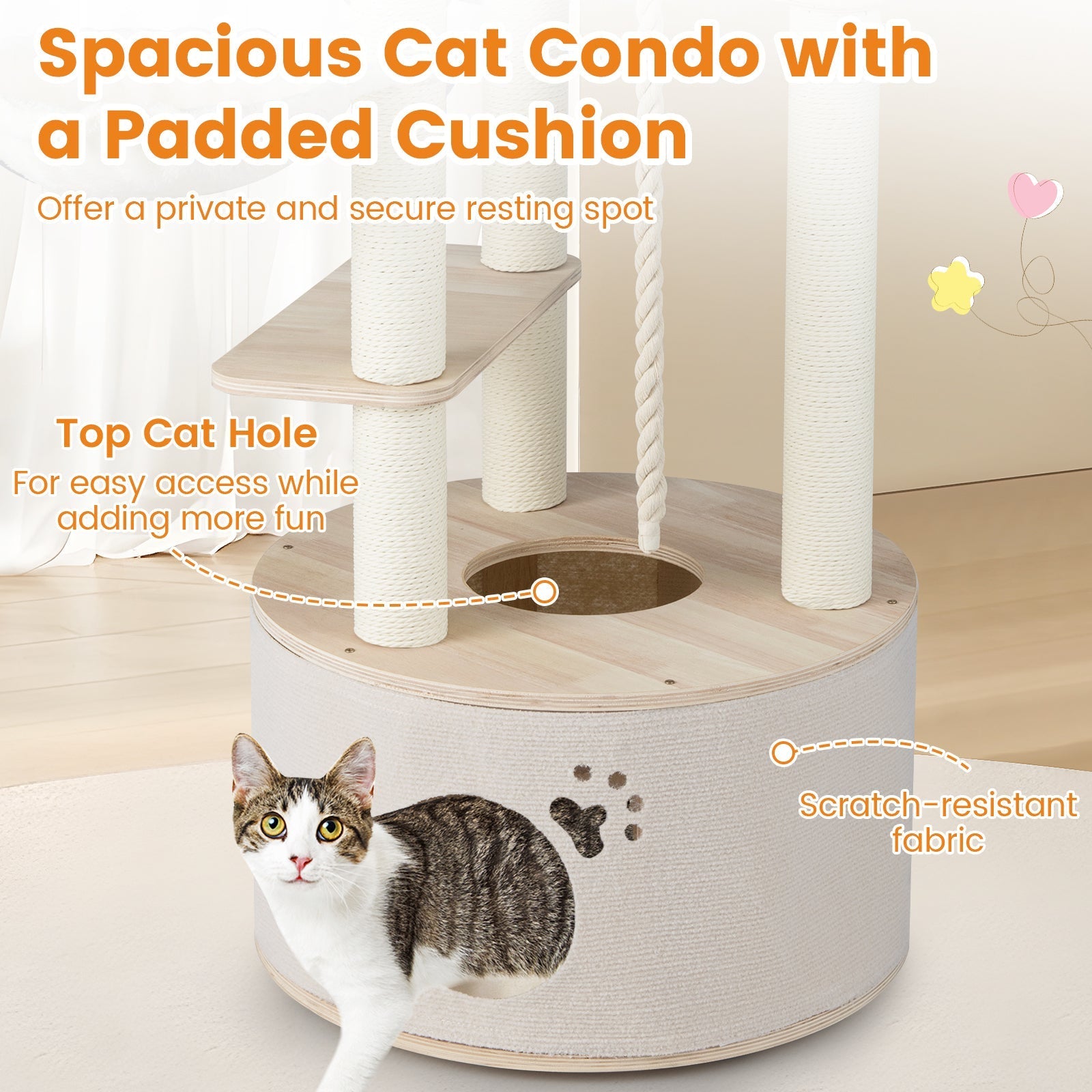 55.5 Inches Tall Wooden Cat Tree with Washable Plush Cushions for Indoor Cats