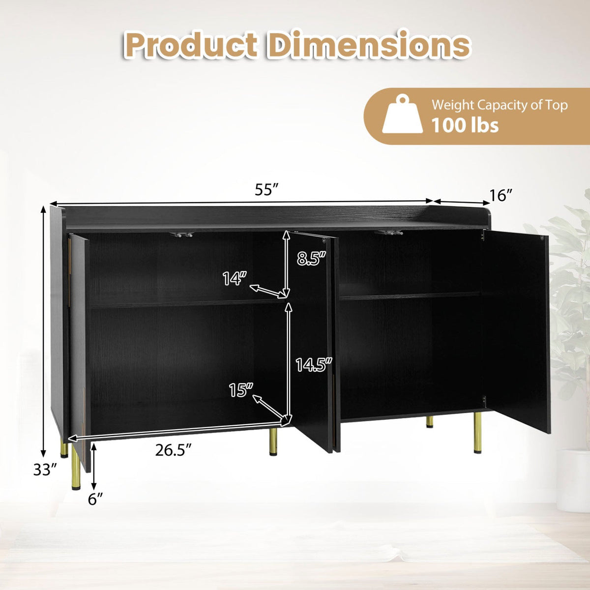 55" Buffet Cabinet with 4 Doors and Metal Legs