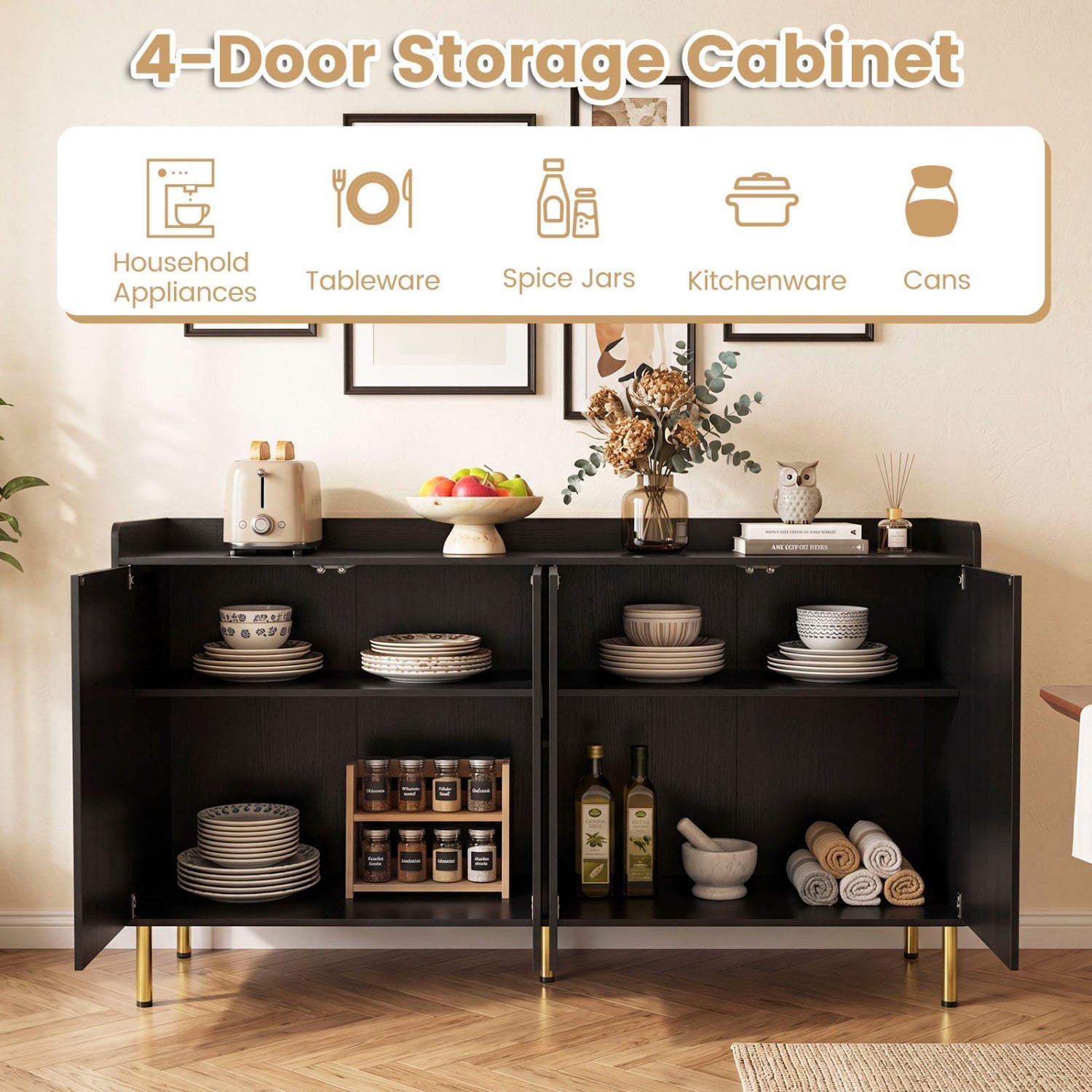 55" Buffet Cabinet with 4 Doors and Metal Legs