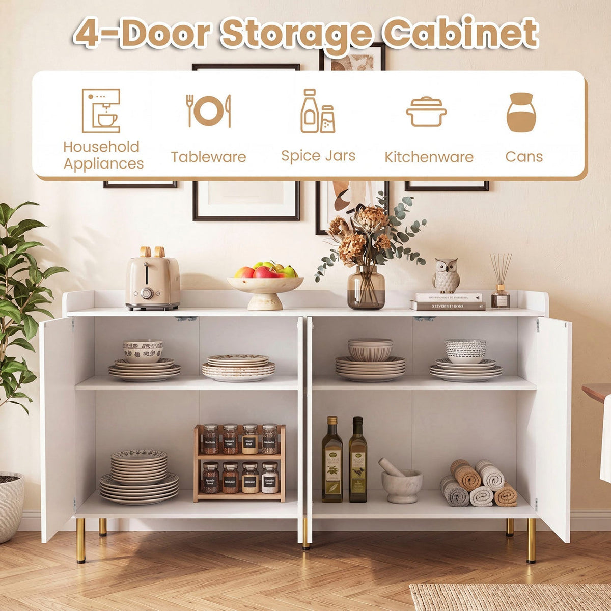 55" Buffet Cabinet with 4 Doors and Metal Legs
