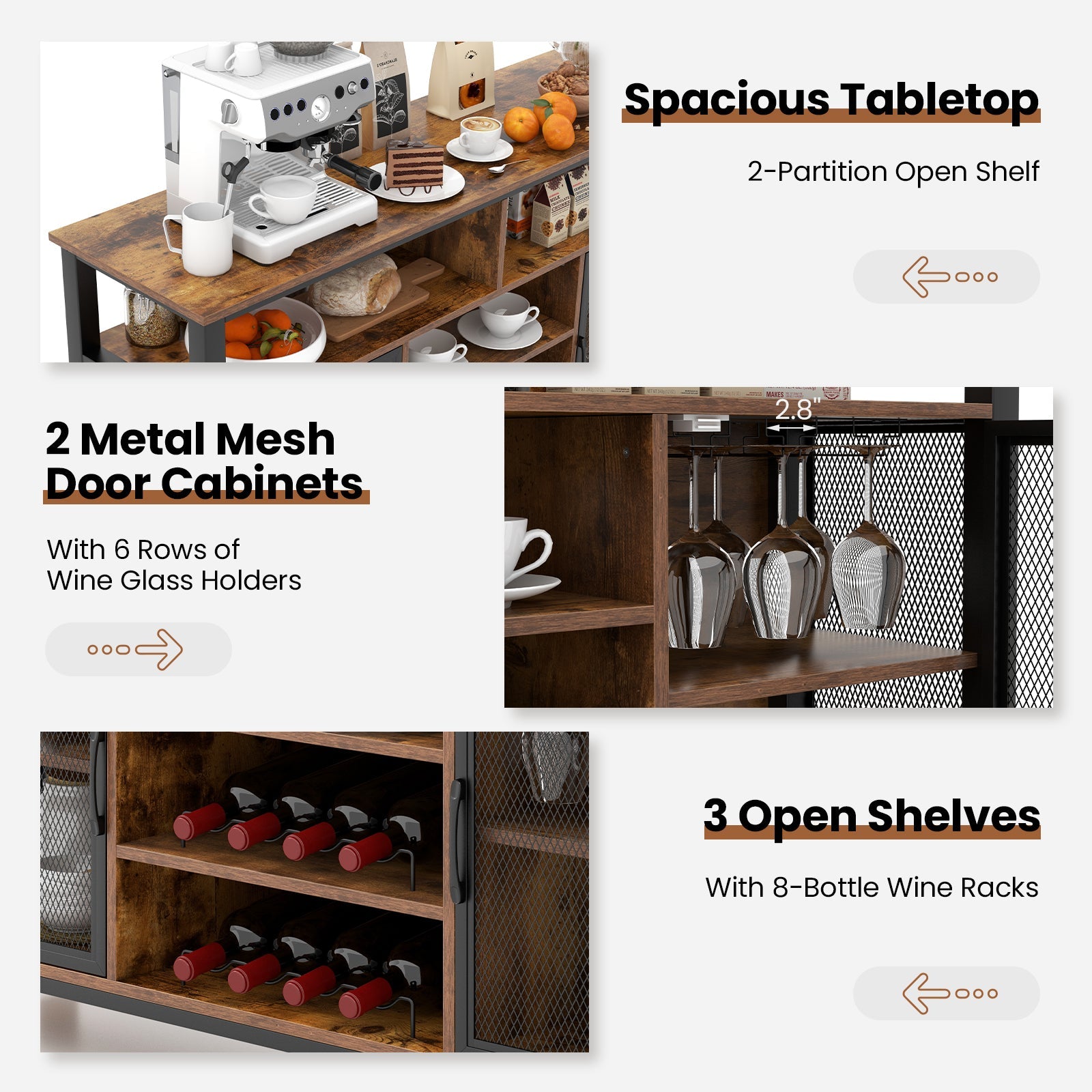 55-Inch Buffet Sideboard with 8-Bottle Wine Racks and Wine Glass Holders