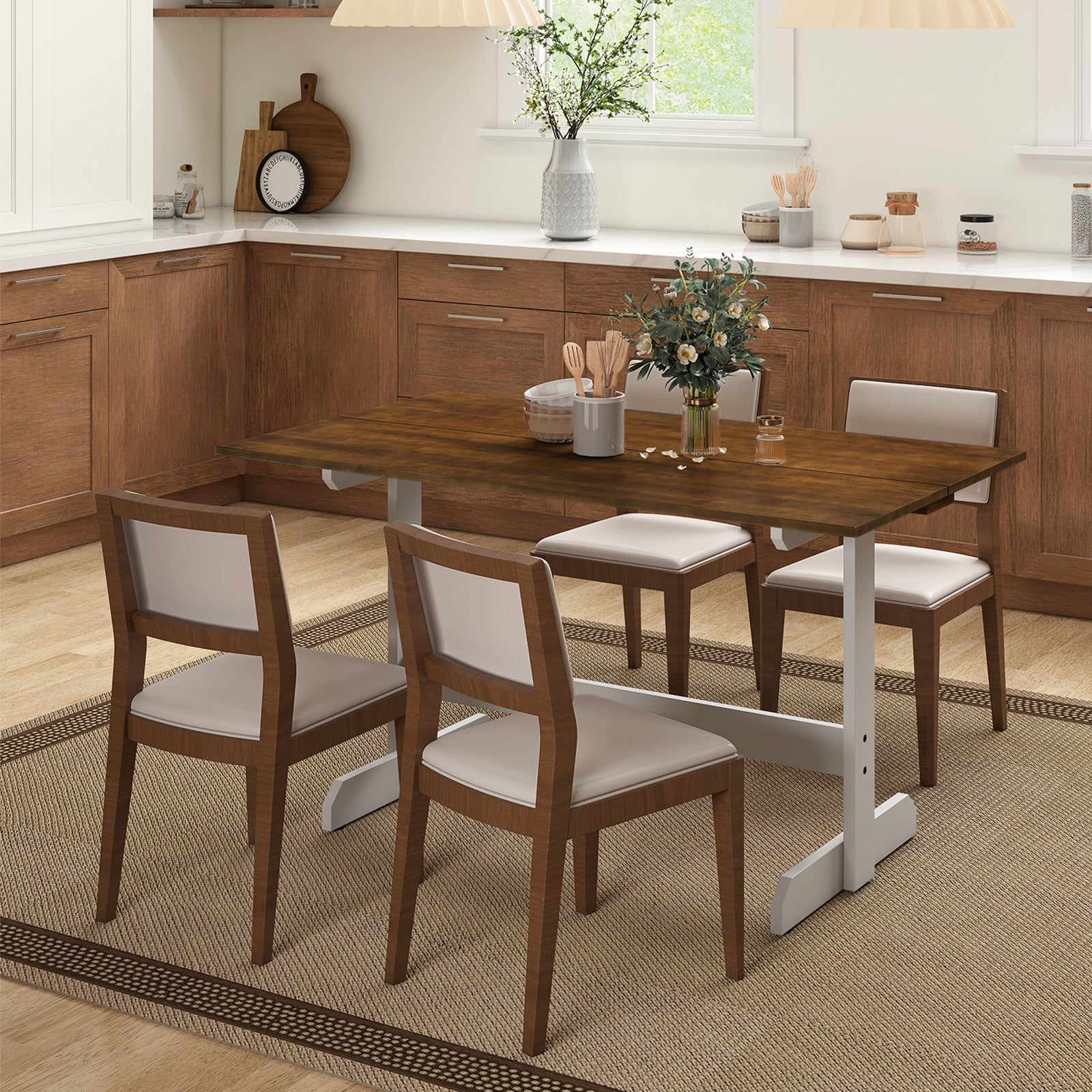 55 Inch Dining Table for 4-6 People Rectangular Kitchen Table with Solid Wood Trestle Base-Walnut