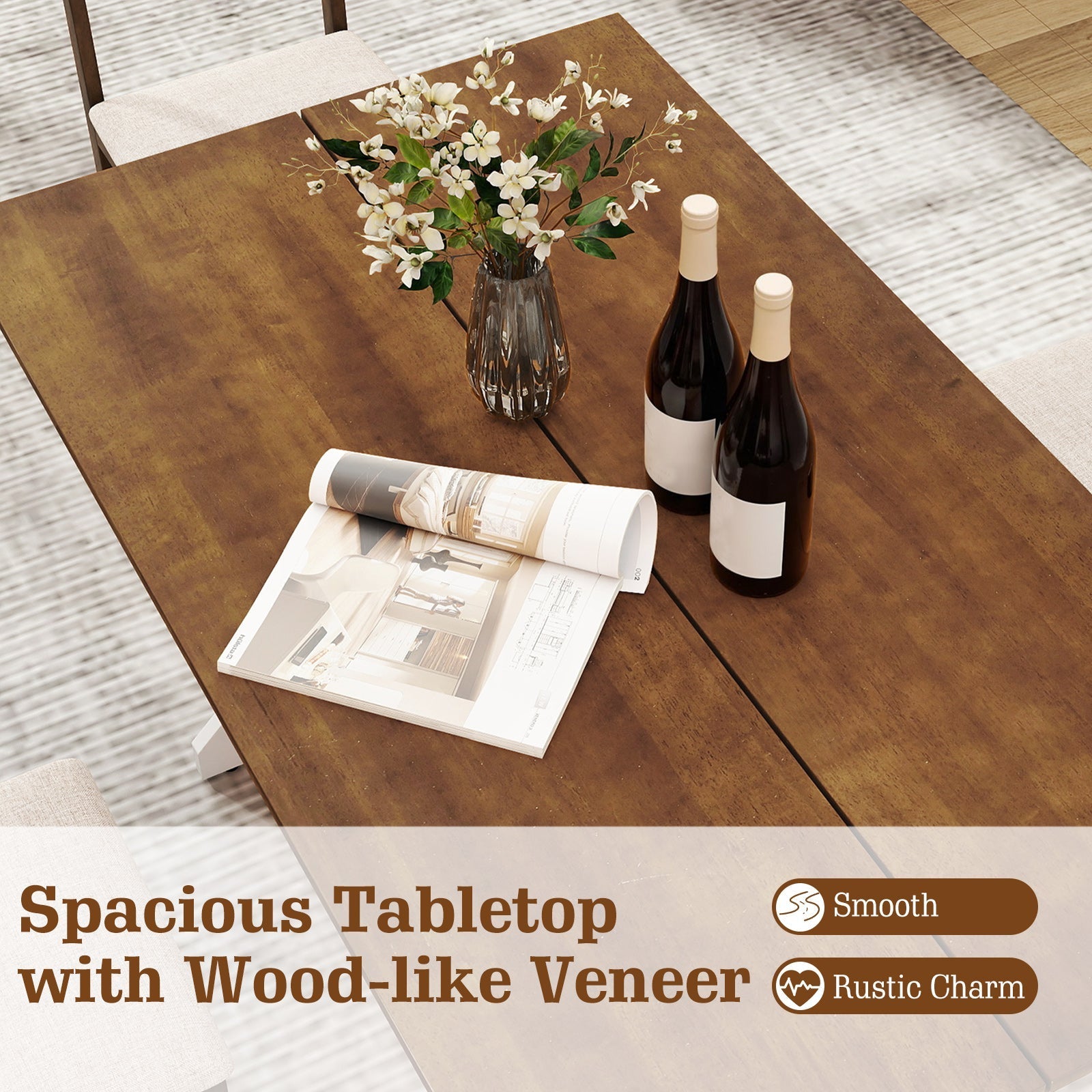 55 Inch Dining Table for 4-6 People Rectangular Kitchen Table with Solid Wood Trestle Base-Walnut