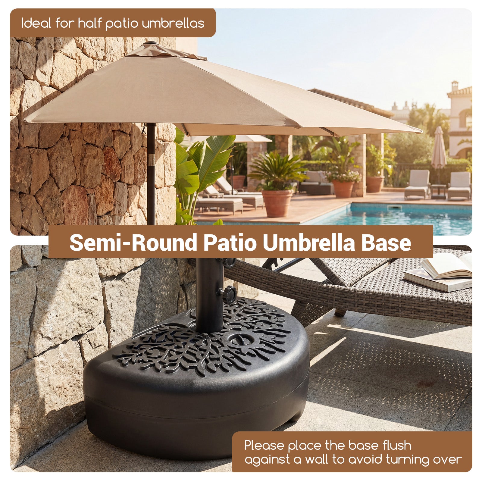55 LBS Half Round Patio Umbrella Base for Deck Lawn Poolside-Black
