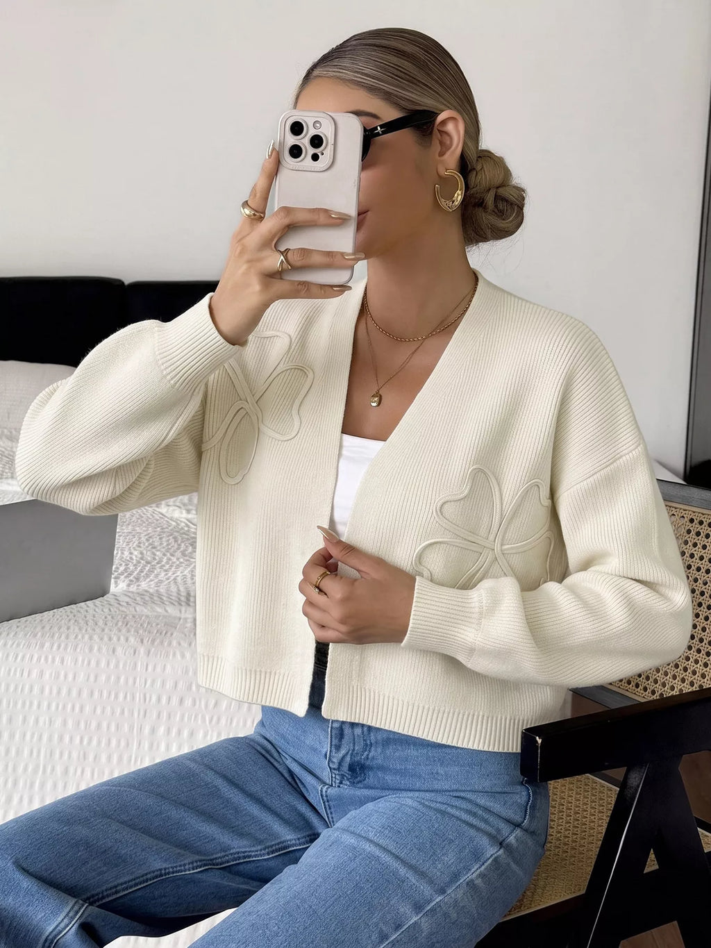 Four-Leaf Clover Open Front Cardigan