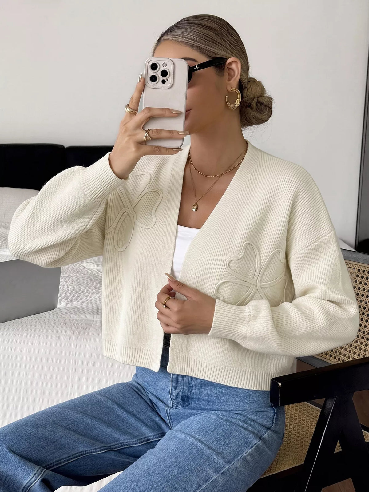 Four-Leaf Clover Open Front Cardigan