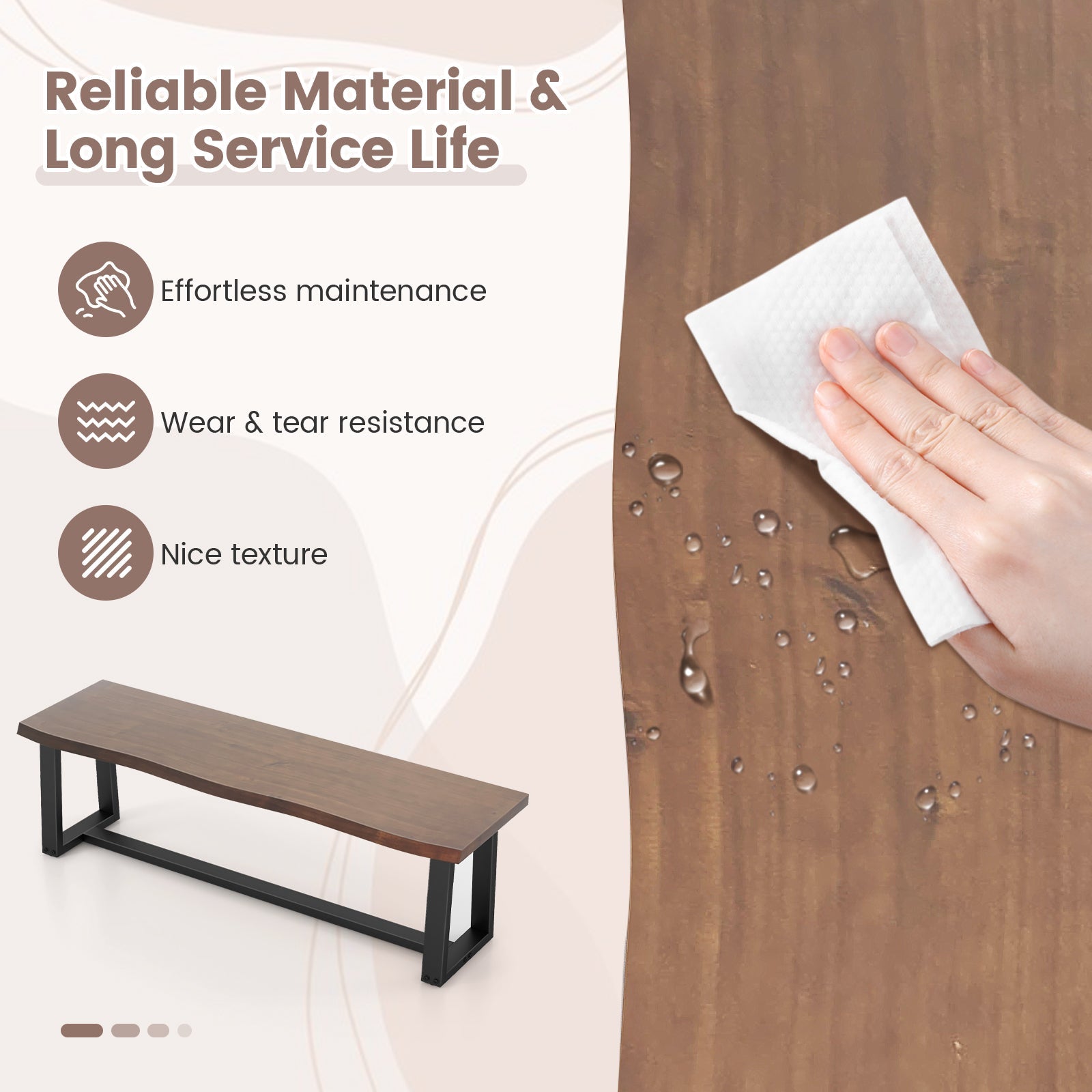 56.5 Inches Wood Dining Bench with Wavy Edge and Adjustable Footpads-Coffee