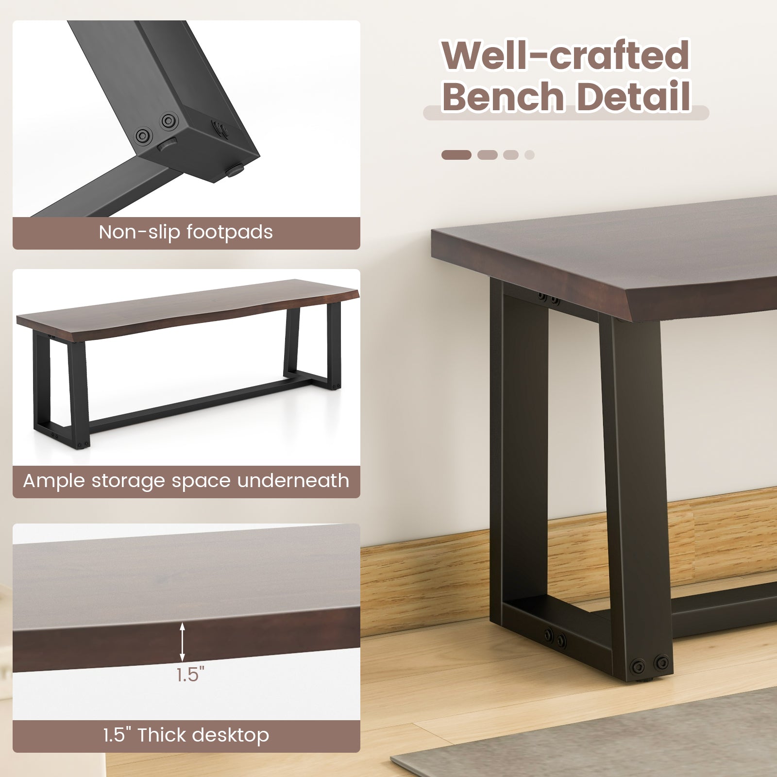 56.5 Inches Wood Dining Bench with Wavy Edge and Adjustable Footpads-Coffee