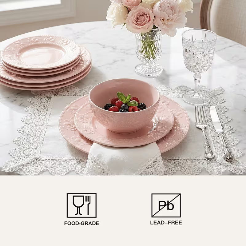 12-Piece Vintage Strawberry Relief Ceramic Dinnerware Set