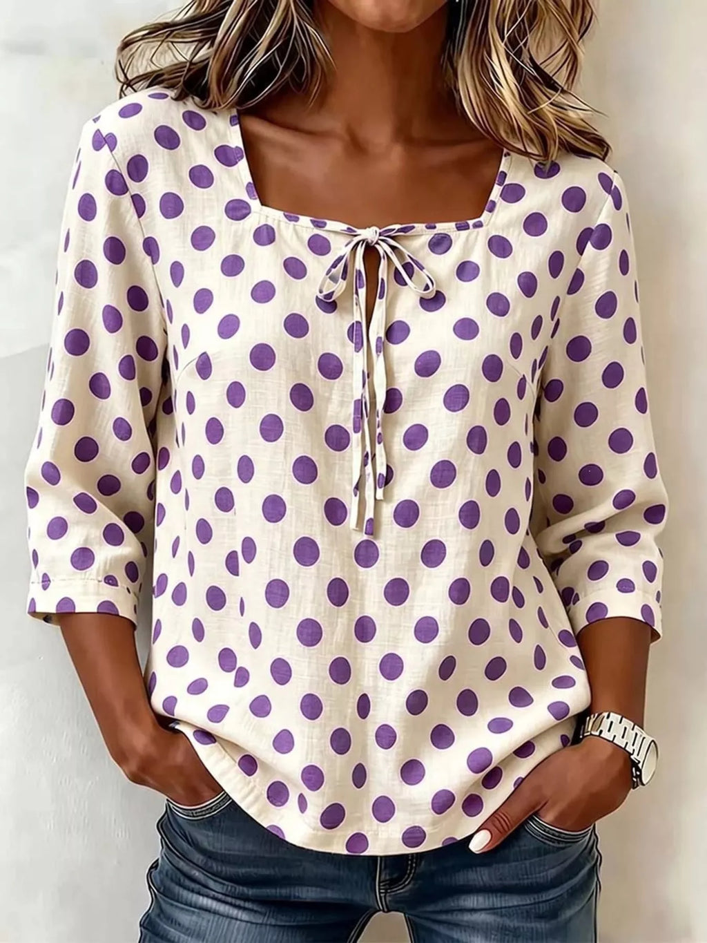 Full Size Square Neck Polka Dot Blouse Plus Size