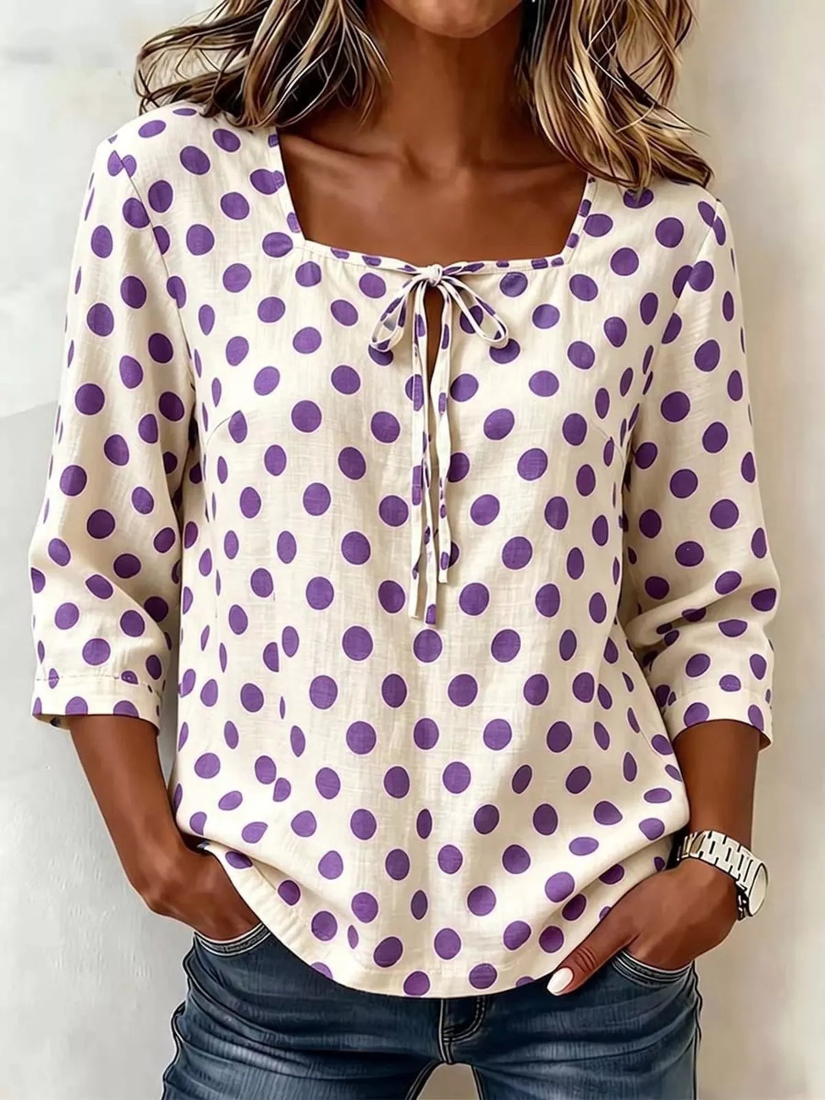 Full Size Square Neck Polka Dot Blouse Plus Size