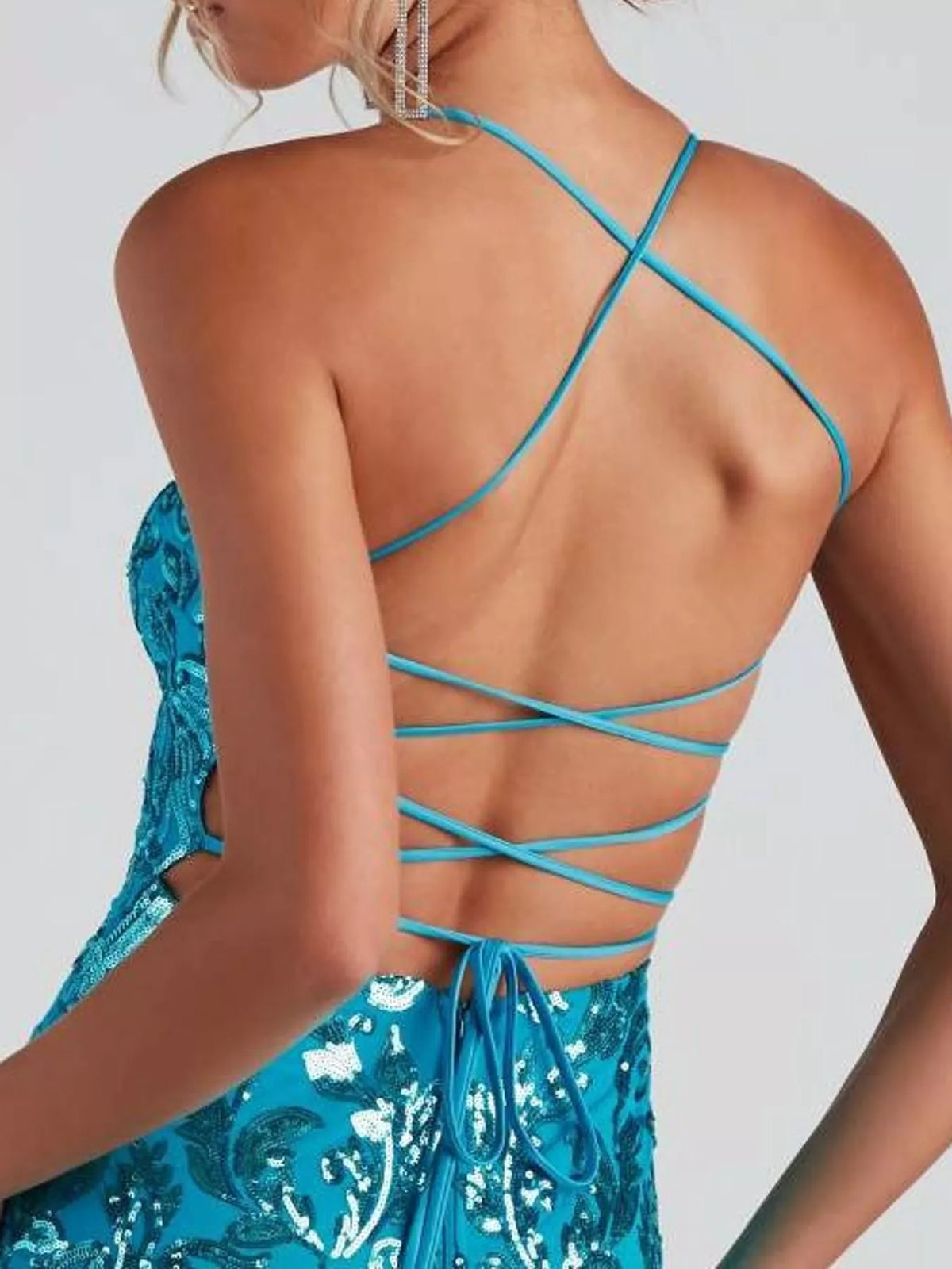Sequin Embellished Bodycon Backless Evening Dress with Back Lace-Up