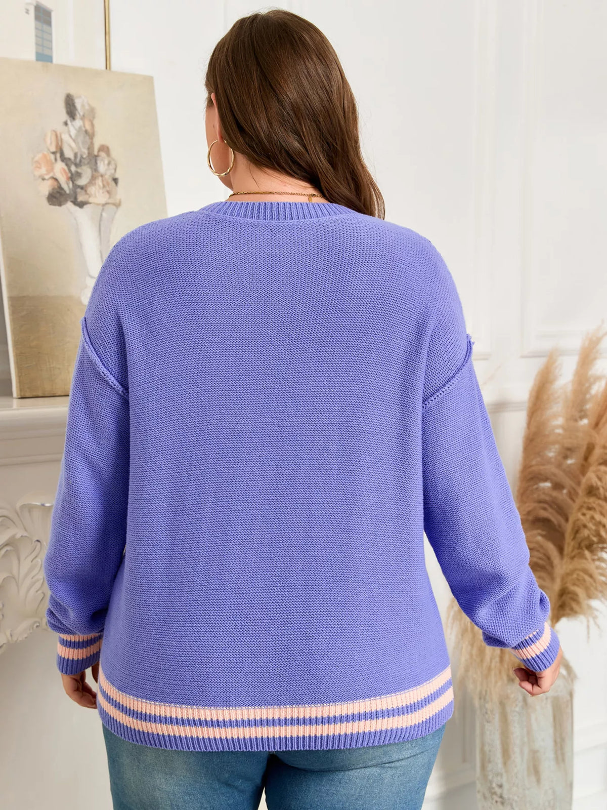 Plus Size Striped Trim Drop Shoulder Knit Loose Sweater
