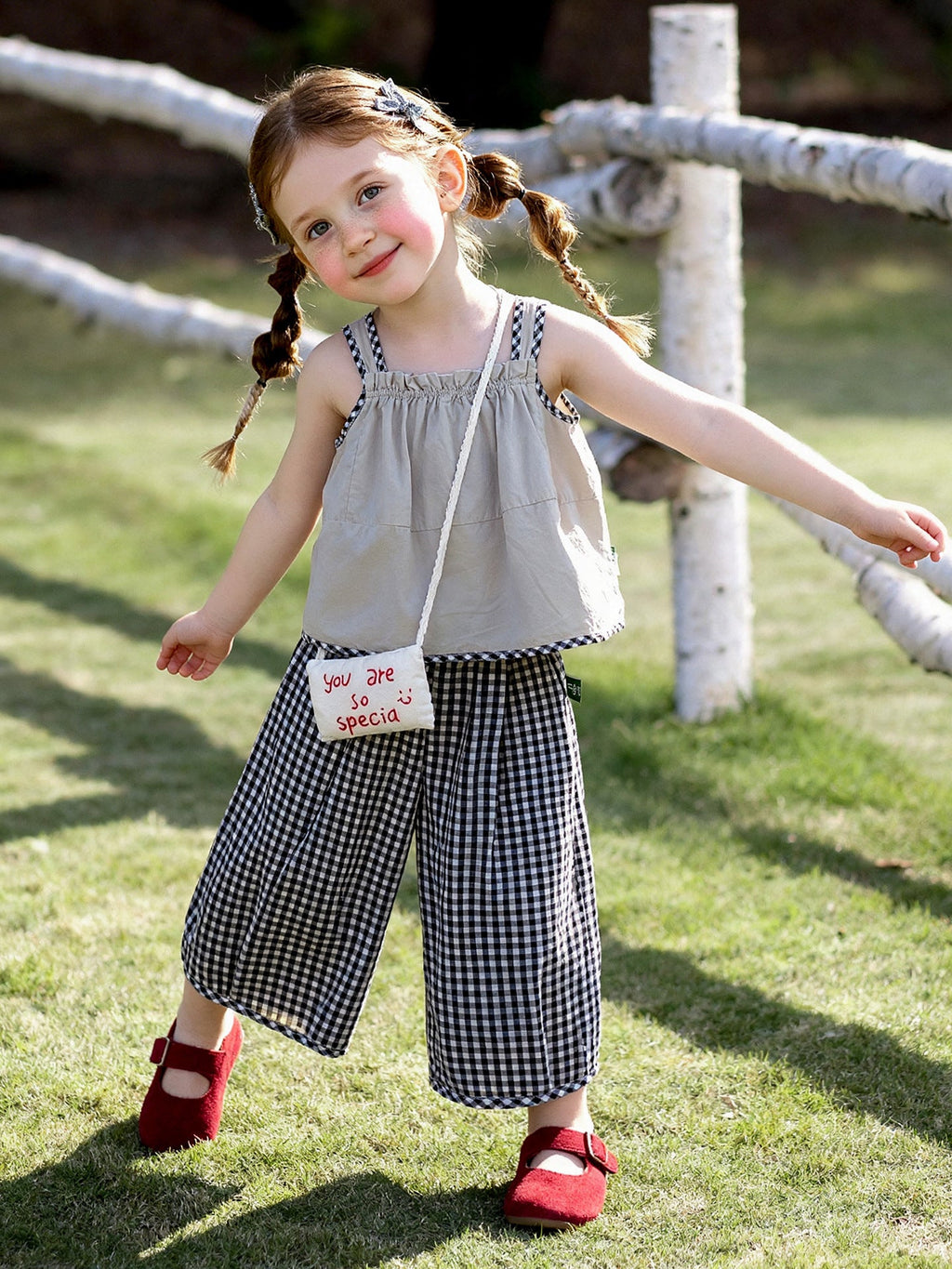 Girls Plaid Suspender Top And Bloomer Pants Two-Piece Set