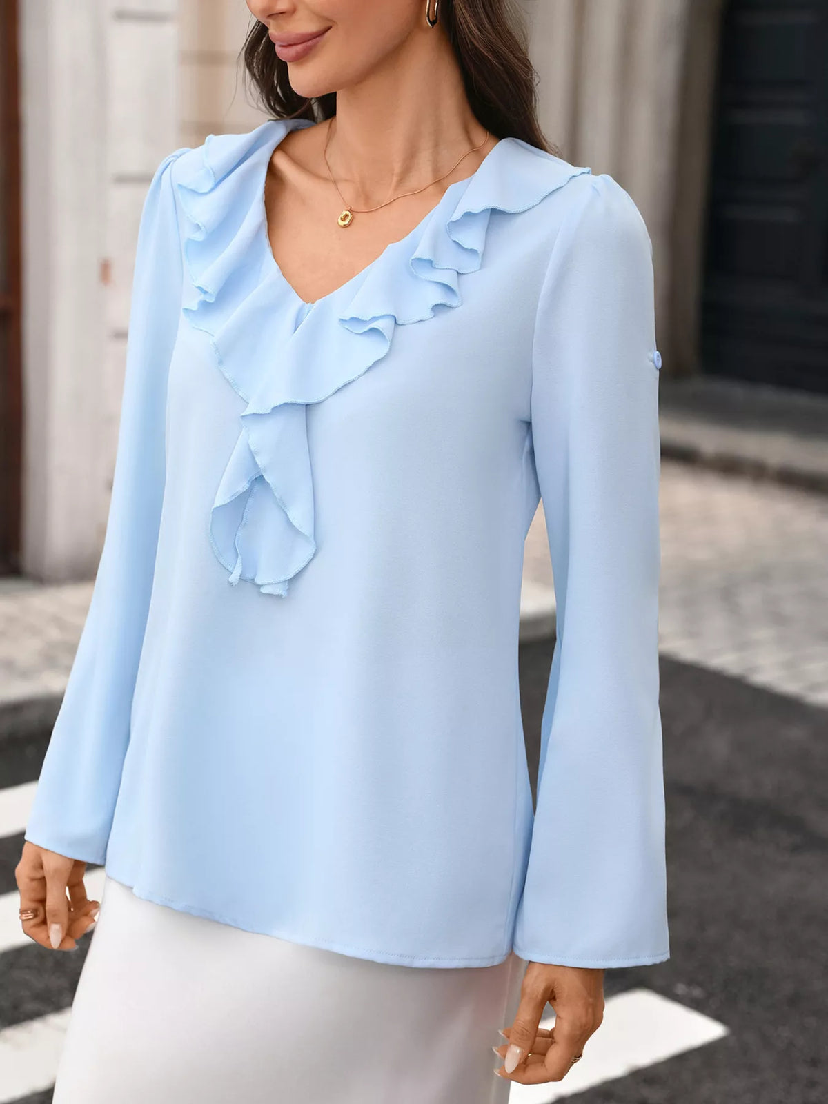 Ruffled V-Neck Roll-Up Sleeves Blouse