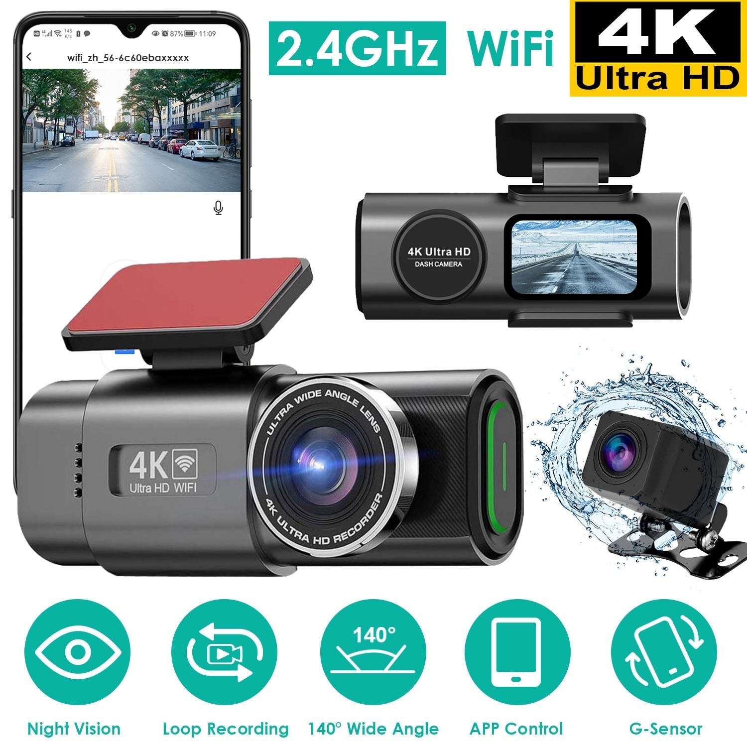 Dual Channel Car Dash Cam with Front 4K & Rear 1080P