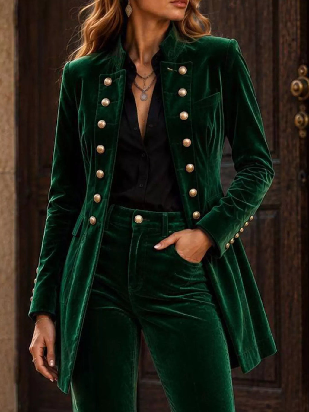 Velvet Double-Breasted Blazer and Flare Pants Set